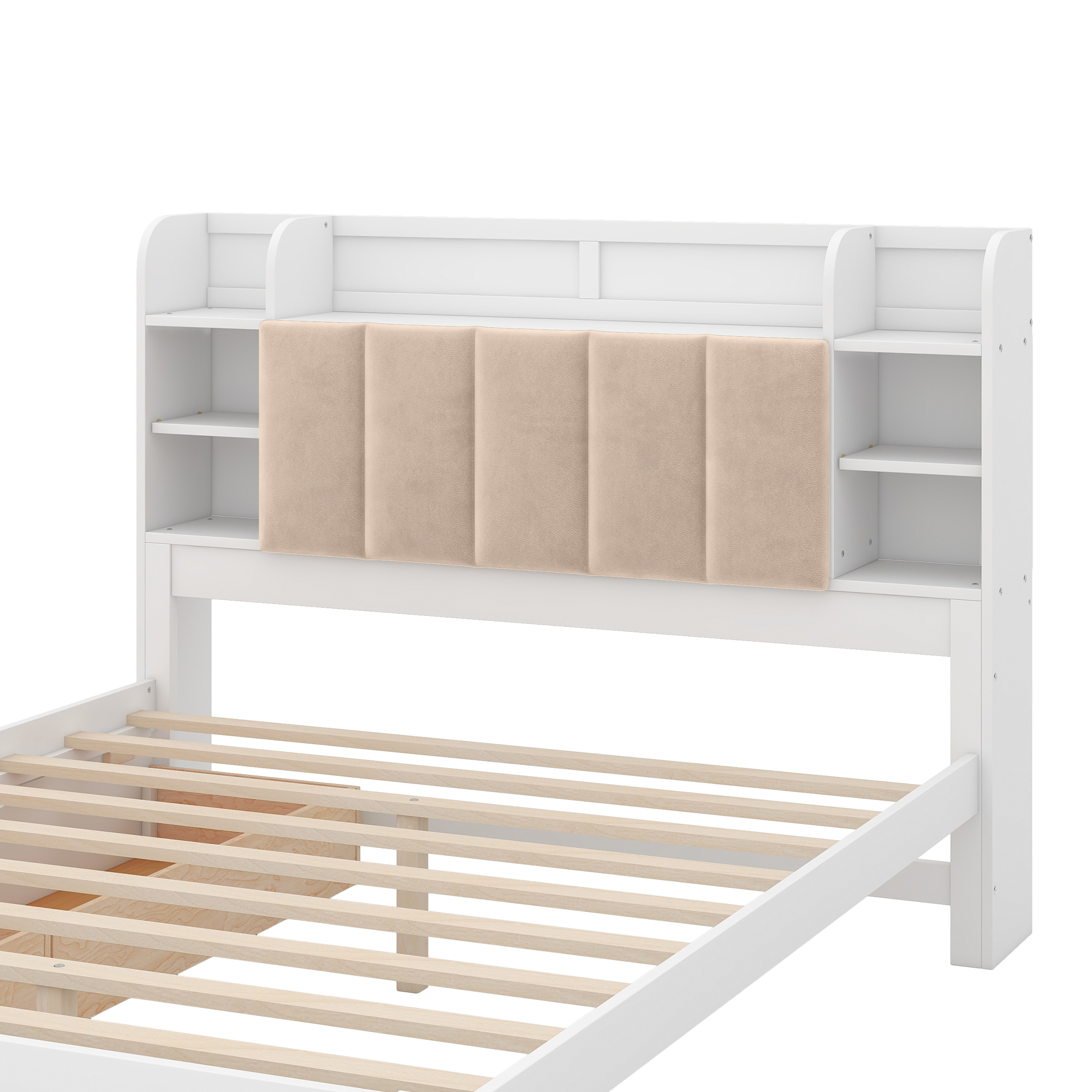 Wood Queen Size Platform Bed with Storage Headboard, Shelves and 2 Drawers, Gray/White