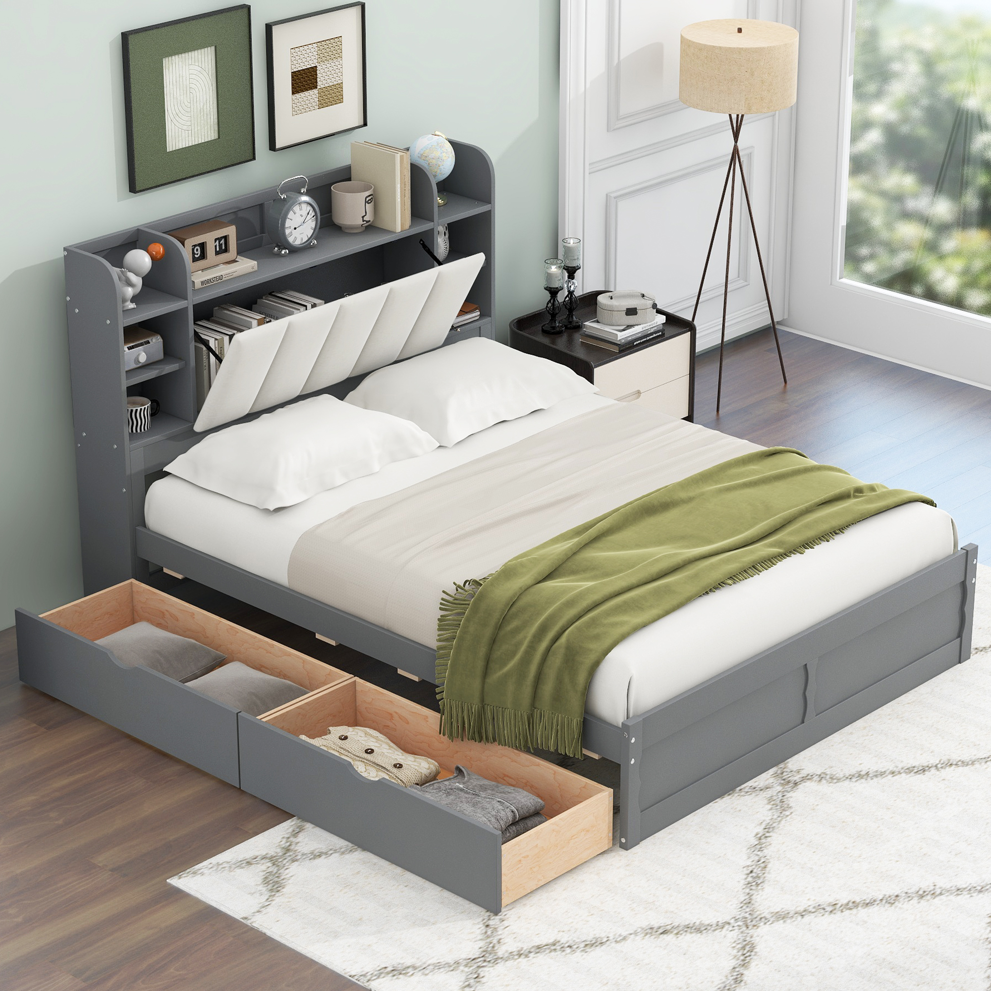 Wood Queen Size Platform Bed with Storage Headboard, Shelves and 2 Drawers, Gray/White