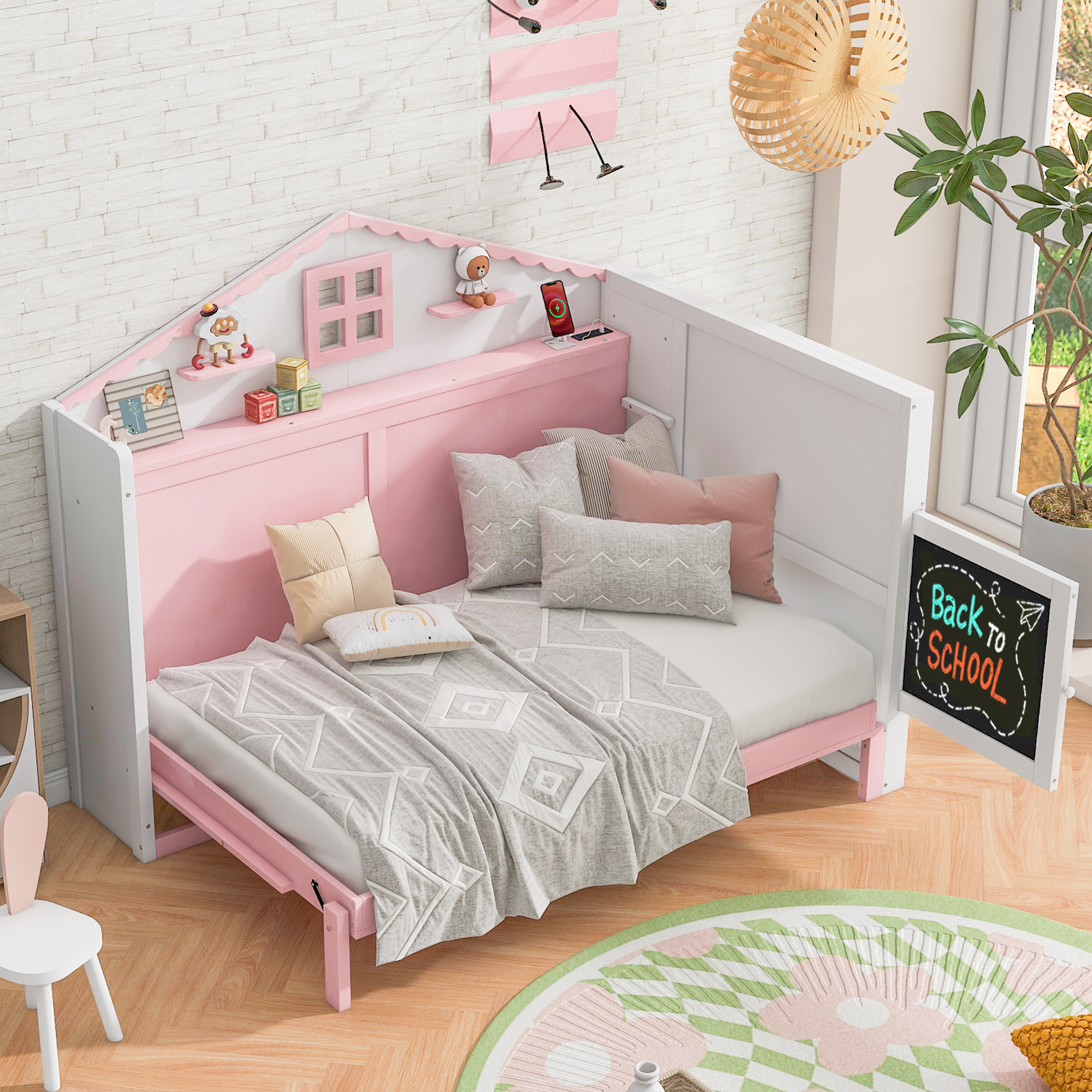 Wood Twin/Full Size House Murphy Bed with USB, Storage Shelves and Blackboard, Pink+White 