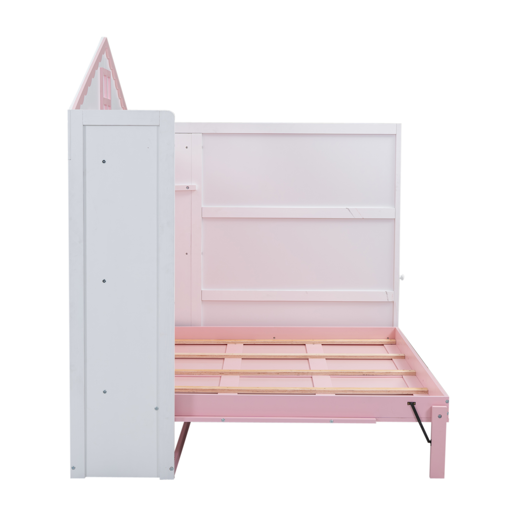 Wood Twin/Full Size House Murphy Bed with USB, Storage Shelves and Blackboard, Pink+White 