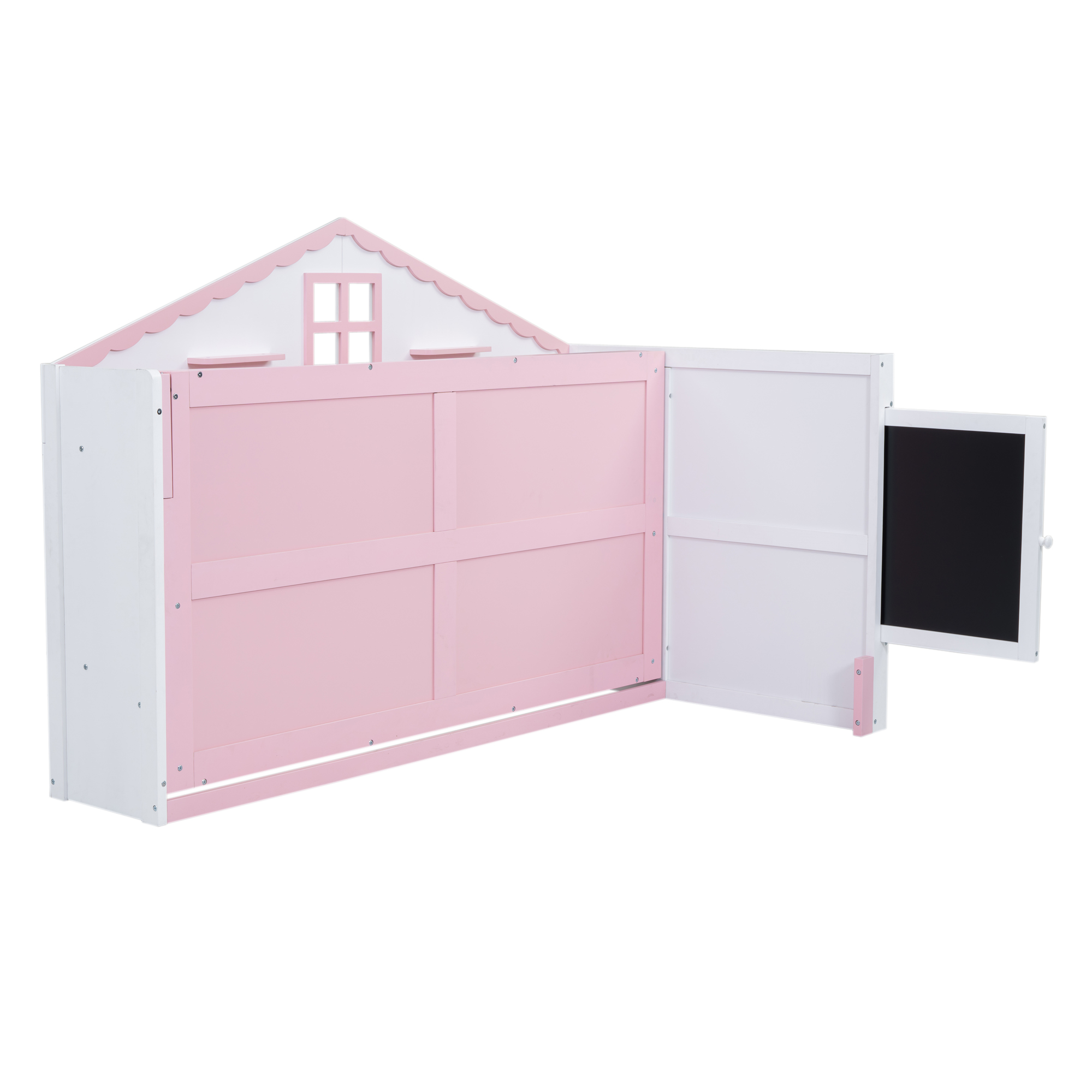 Wood Twin/Full Size House Murphy Bed with USB, Storage Shelves and Blackboard, Pink+White 