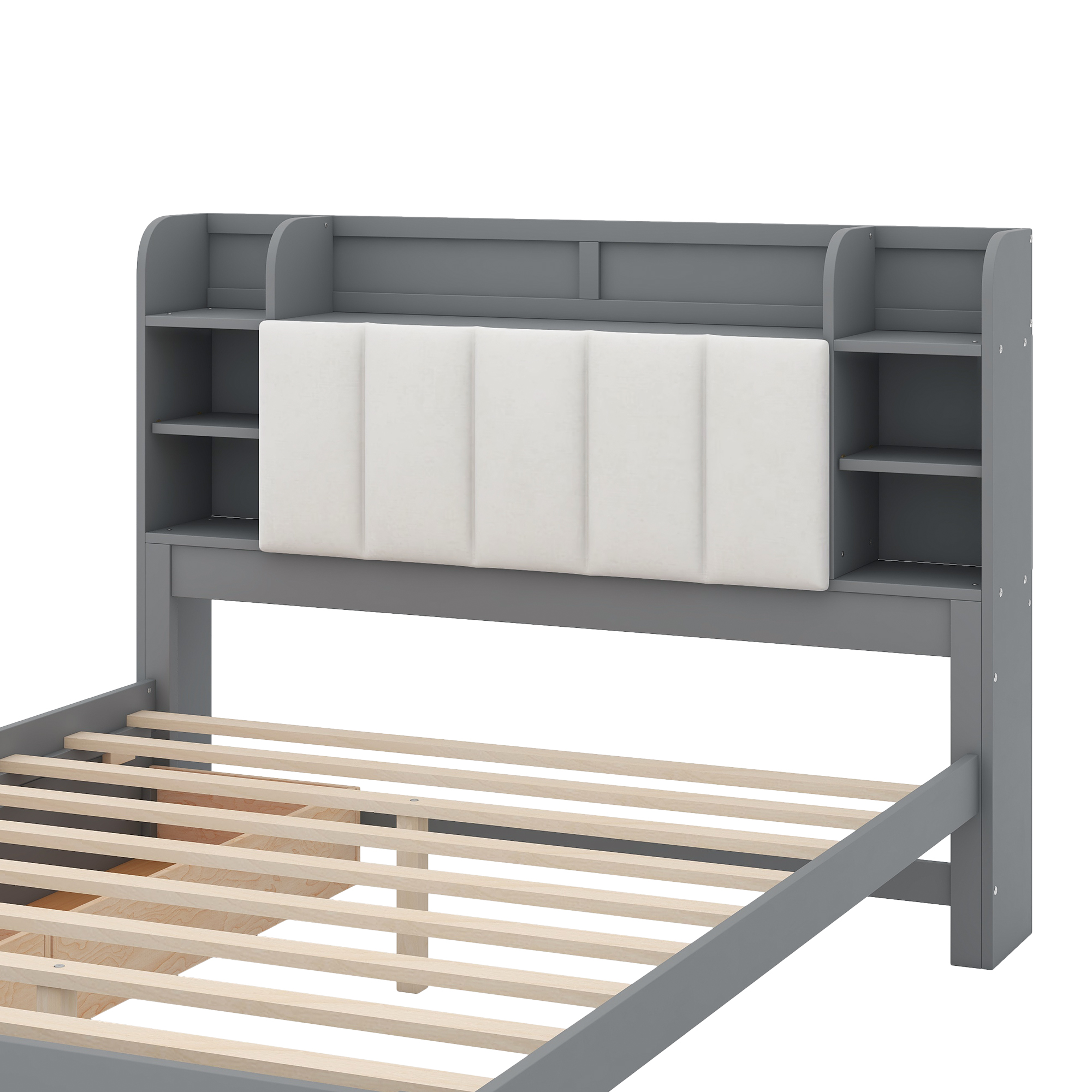 Wood Queen Size Platform Bed with Storage Headboard, Shelves and 2 Drawers, Gray/White