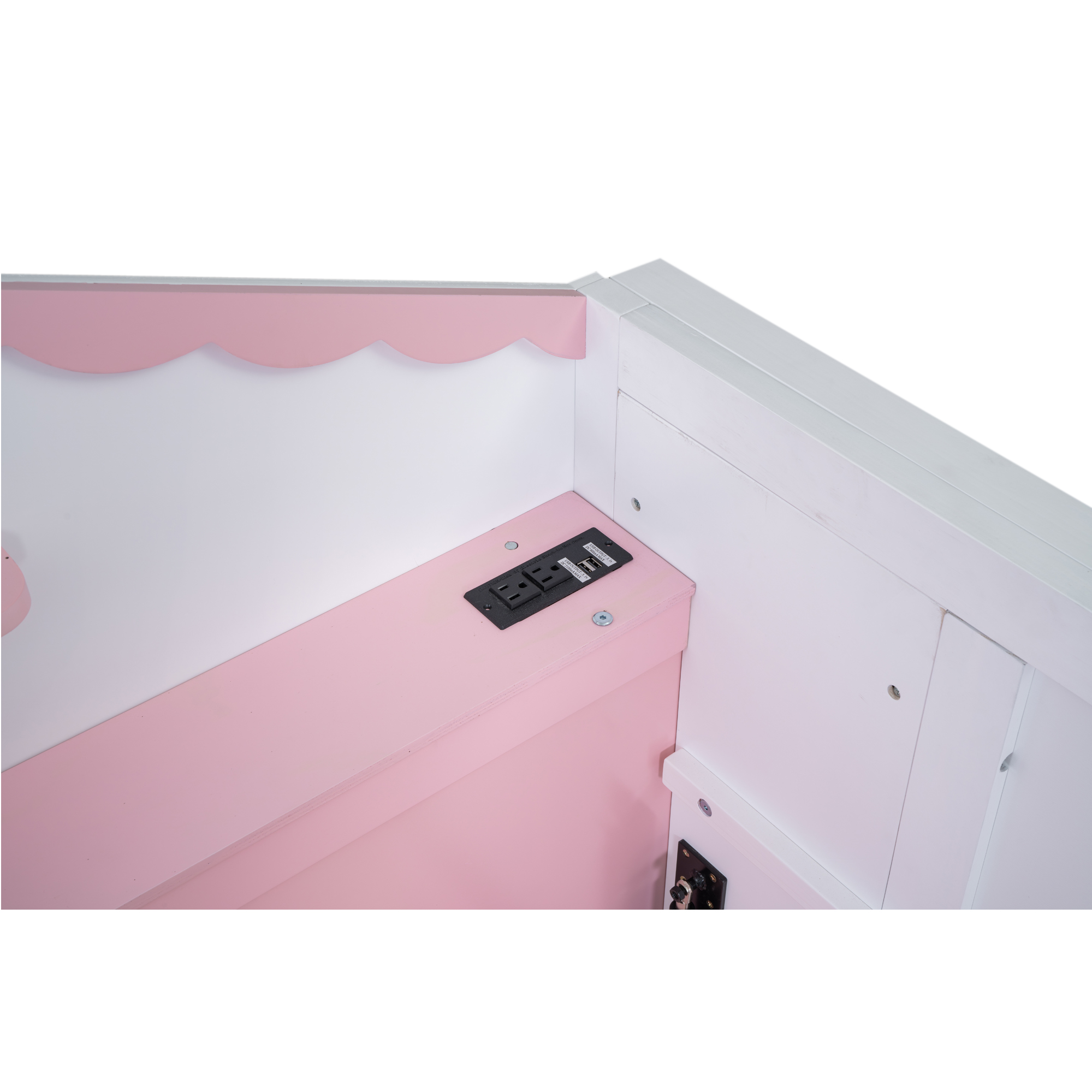 Wood Twin/Full Size House Murphy Bed with USB, Storage Shelves and Blackboard, Pink+White 