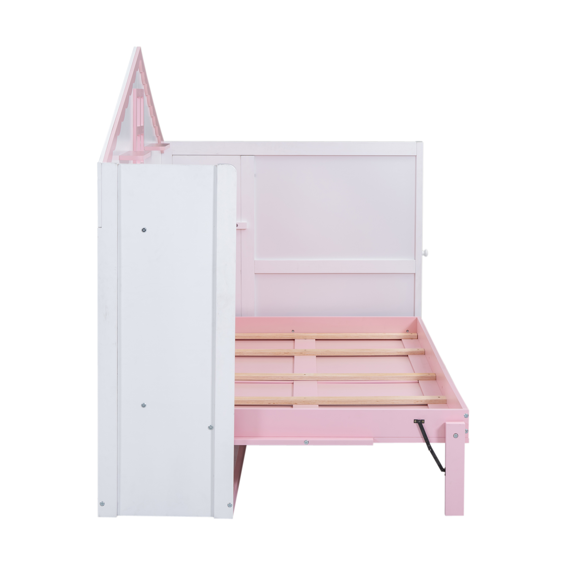 Wood Twin/Full Size House Murphy Bed with USB, Storage Shelves and Blackboard, Pink+White 