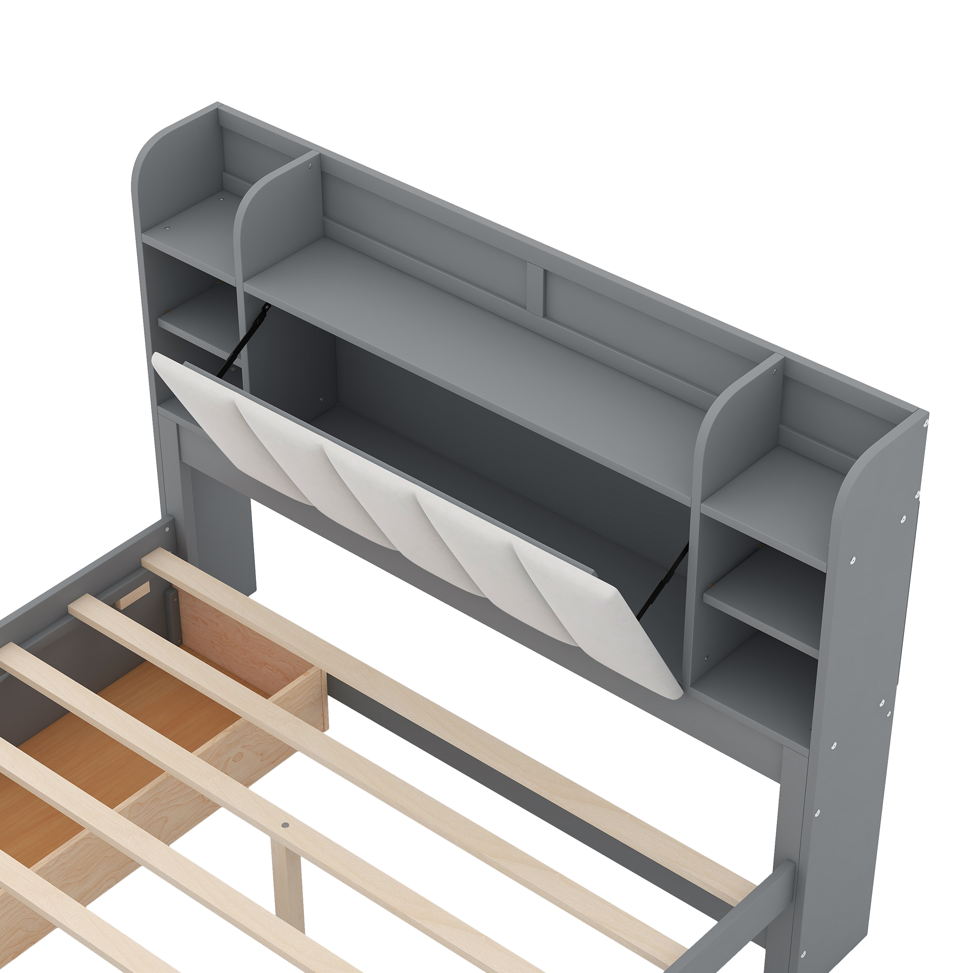 Wood Queen Size Platform Bed with Storage Headboard, Shelves and 2 Drawers, Gray/White