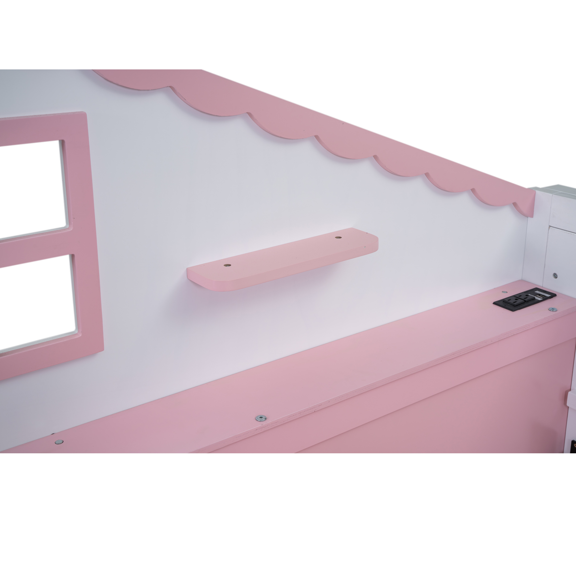 Wood Twin/Full Size House Murphy Bed with USB, Storage Shelves and Blackboard, Pink+White 