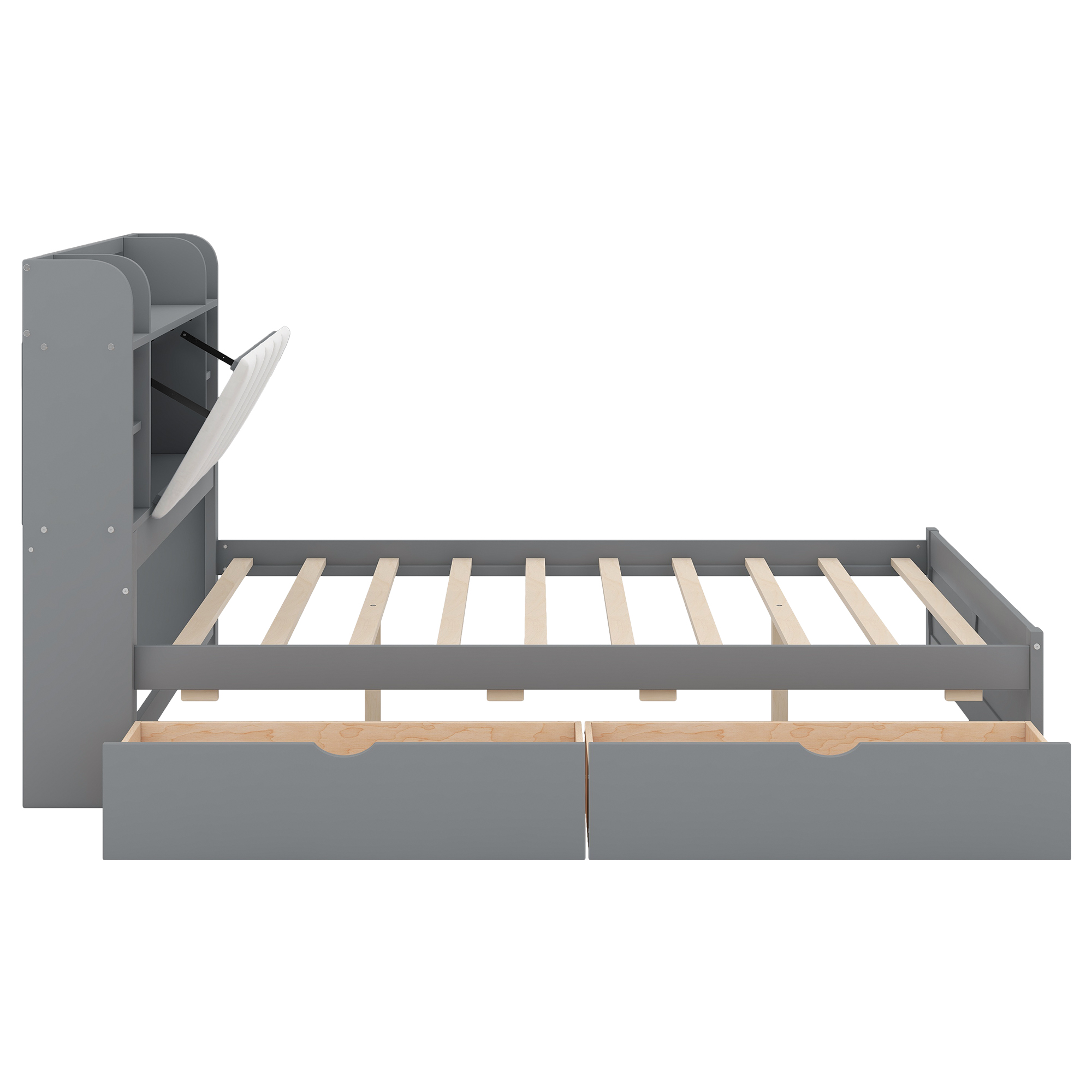 Wood Queen Size Platform Bed with Storage Headboard, Shelves and 2 Drawers, Gray/White
