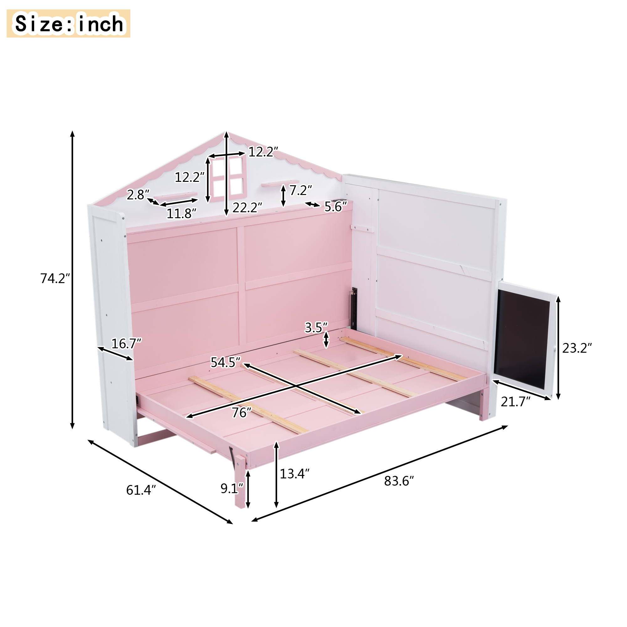 Wood Twin/Full Size House Murphy Bed with USB, Storage Shelves and Blackboard, Pink+White 