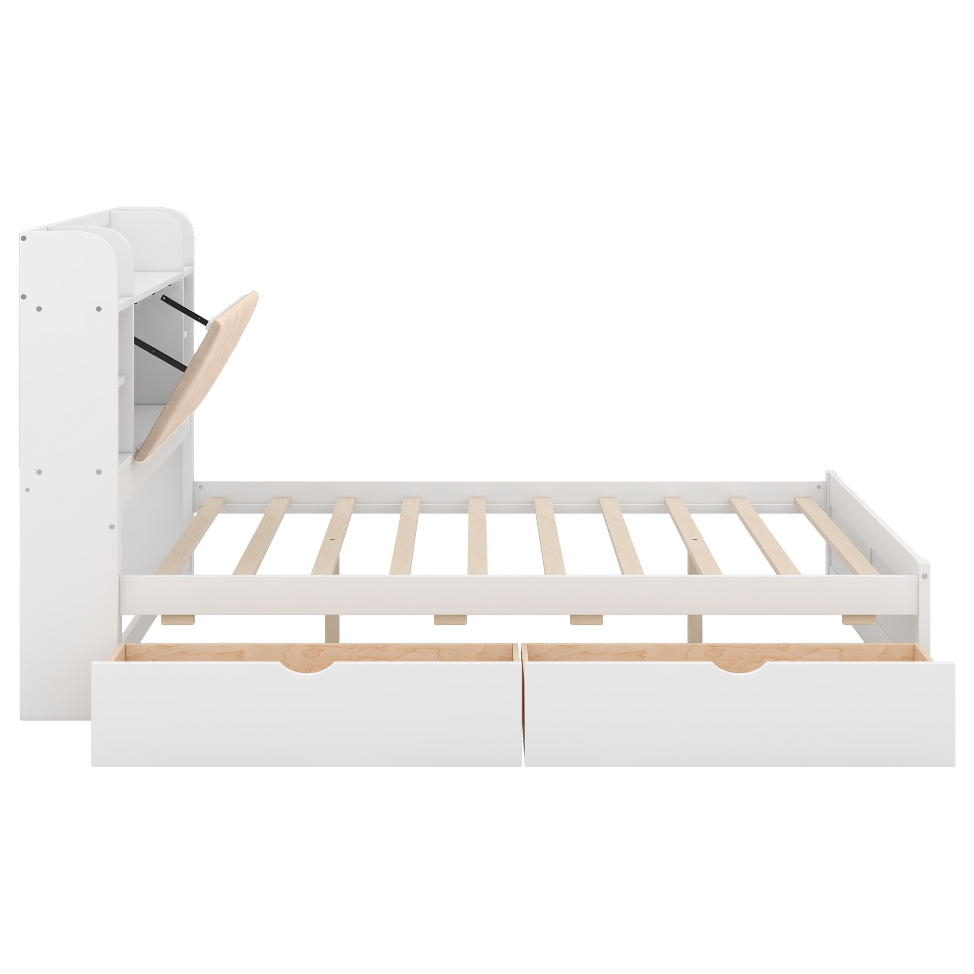 Wood Queen Size Platform Bed with Storage Headboard, Shelves and 2 Drawers, Gray/White