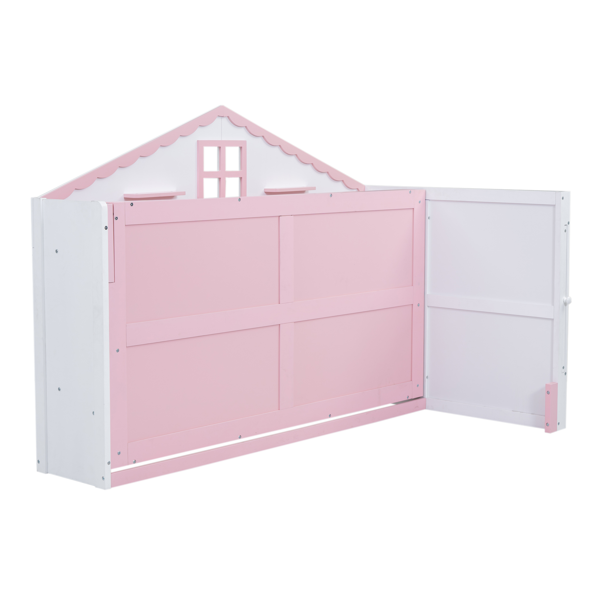 Wood Twin/Full Size House Murphy Bed with USB, Storage Shelves and Blackboard, Pink+White 