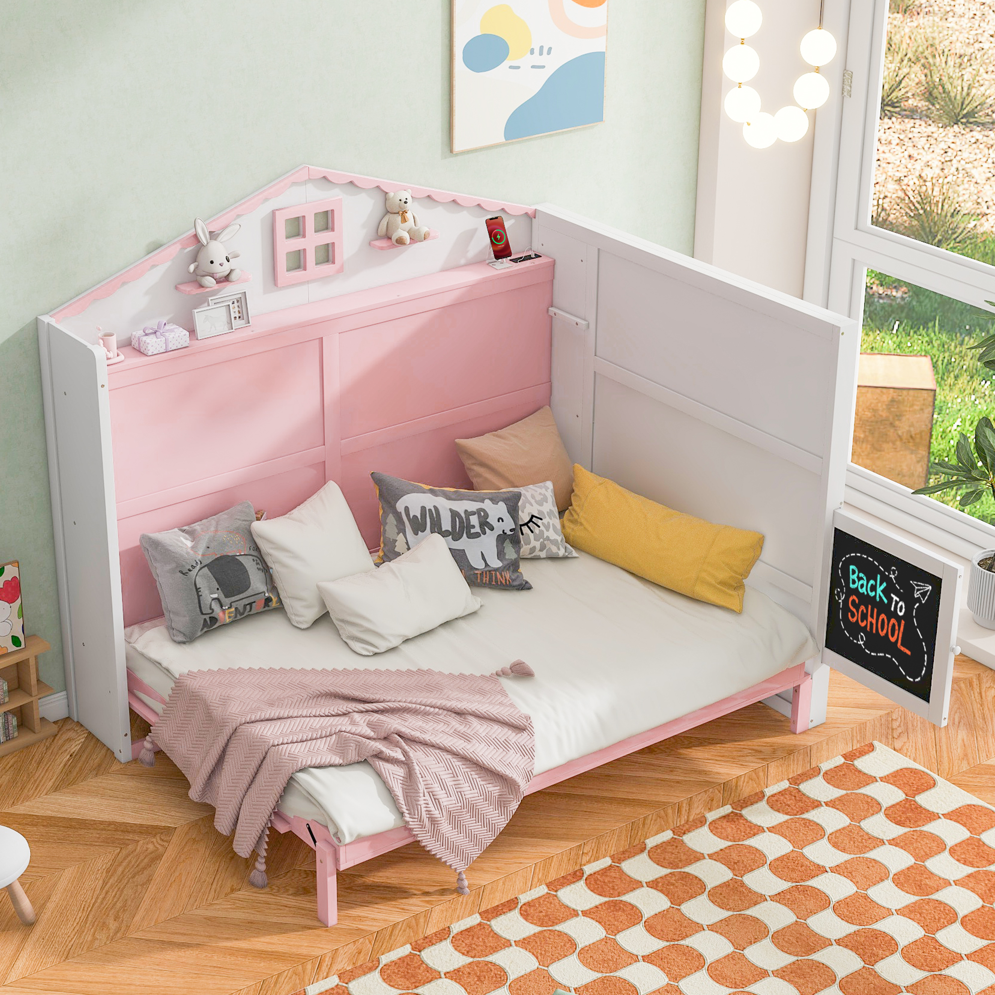 Wood Twin/Full Size House Murphy Bed with USB, Storage Shelves and Blackboard, Pink+White 