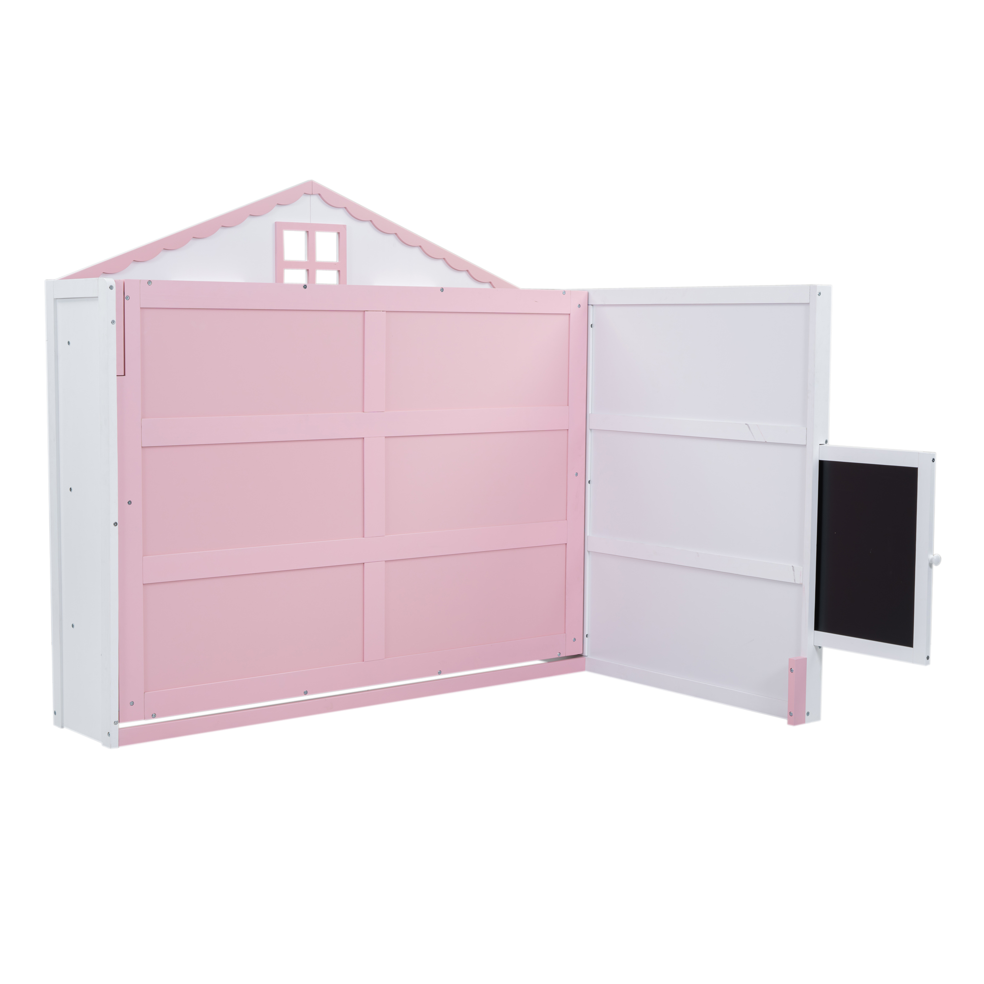 Wood Twin/Full Size House Murphy Bed with USB, Storage Shelves and Blackboard, Pink+White 
