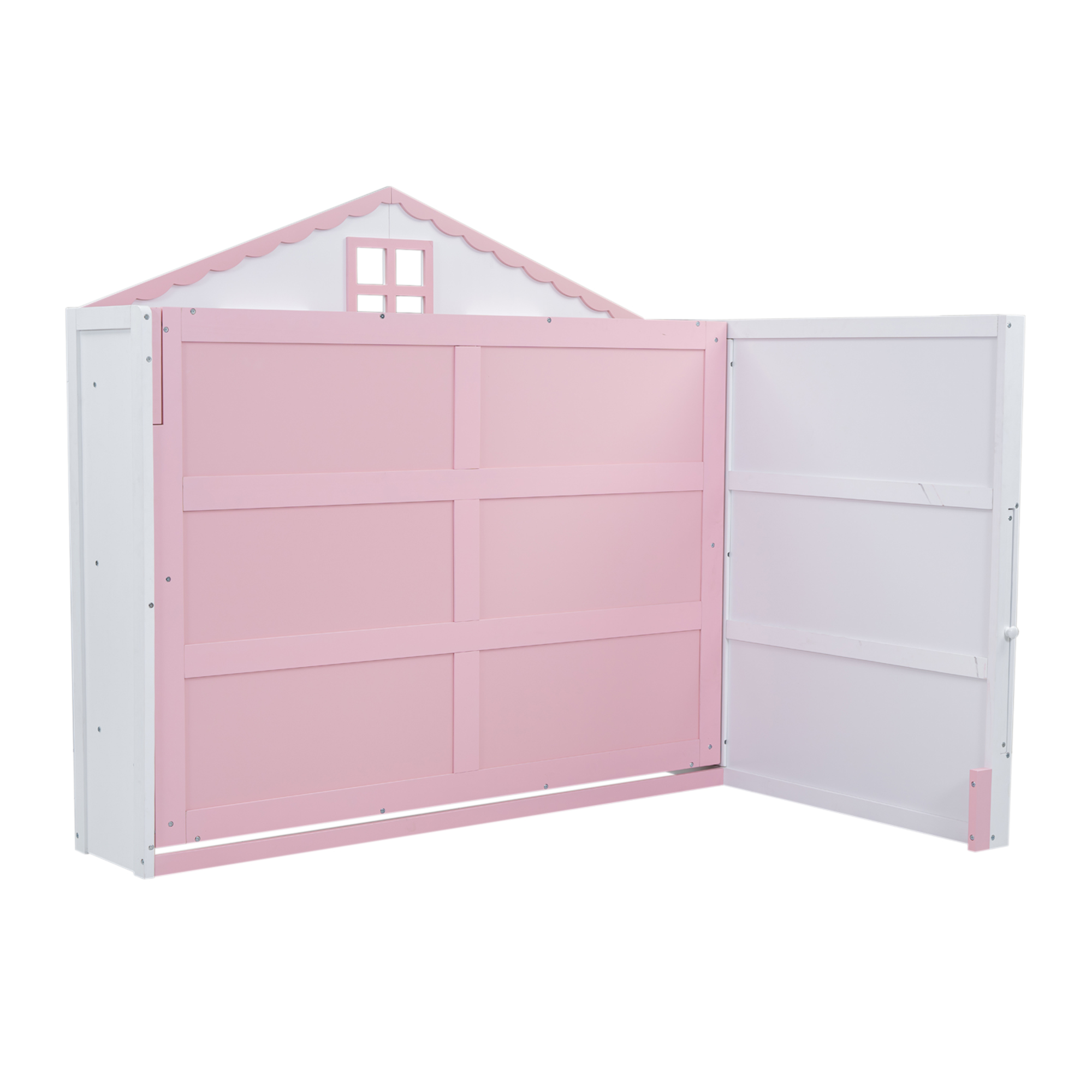 Wood Twin/Full Size House Murphy Bed with USB, Storage Shelves and Blackboard, Pink+White 