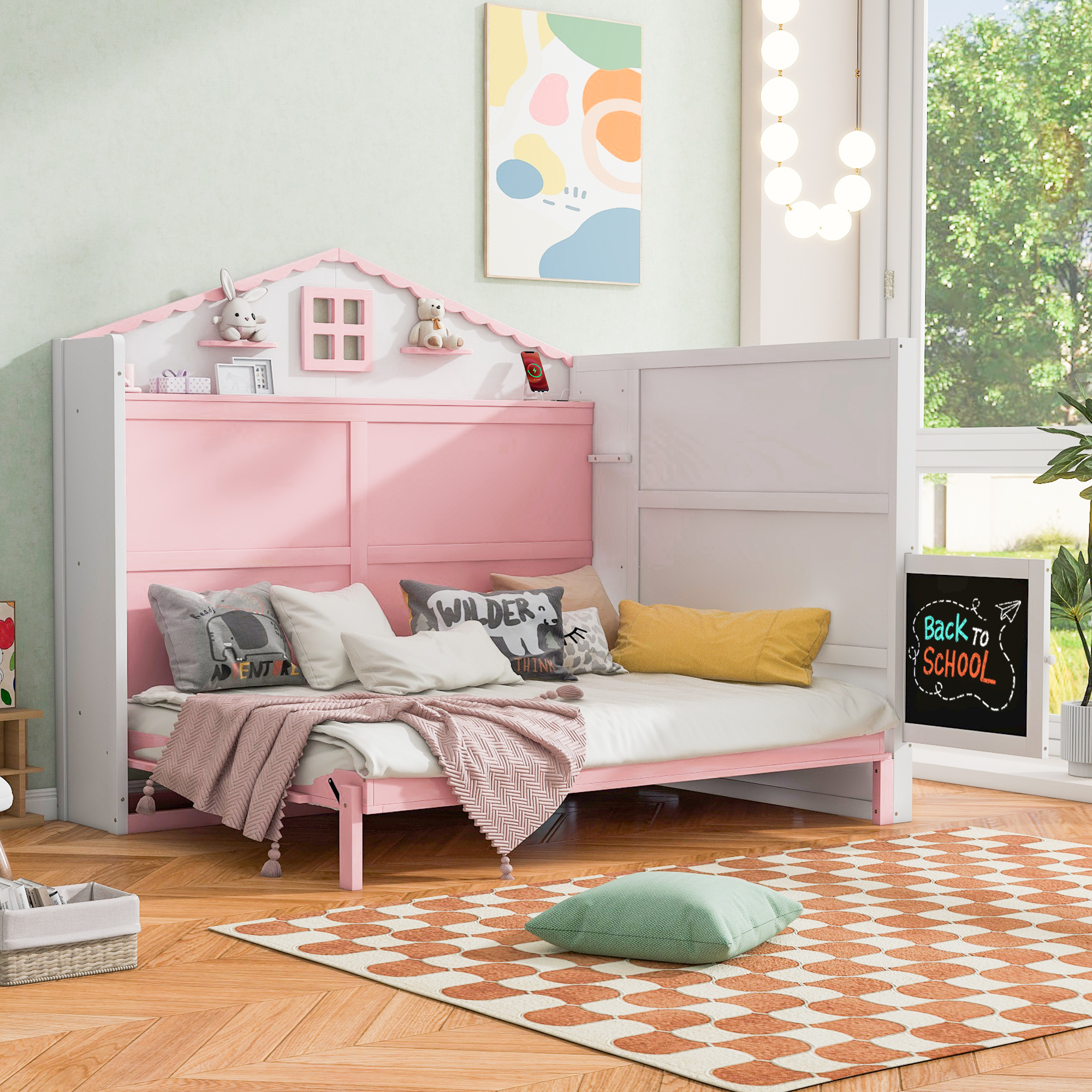 Wood Twin/Full Size House Murphy Bed with USB, Storage Shelves and Blackboard, Pink+White 