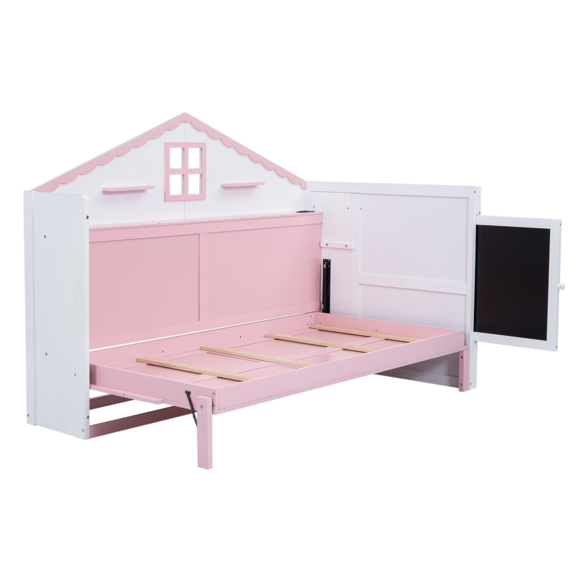Wood Twin/Full Size House Murphy Bed with USB, Storage Shelves and Blackboard, Pink+White 