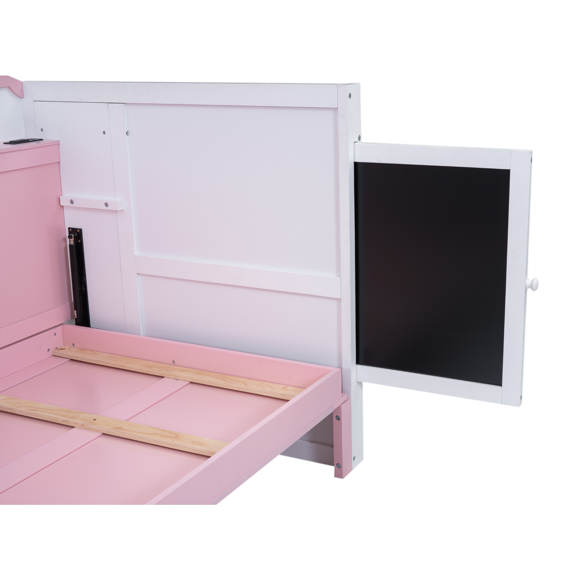 Wood Twin/Full Size House Murphy Bed with USB, Storage Shelves and Blackboard, Pink+White 