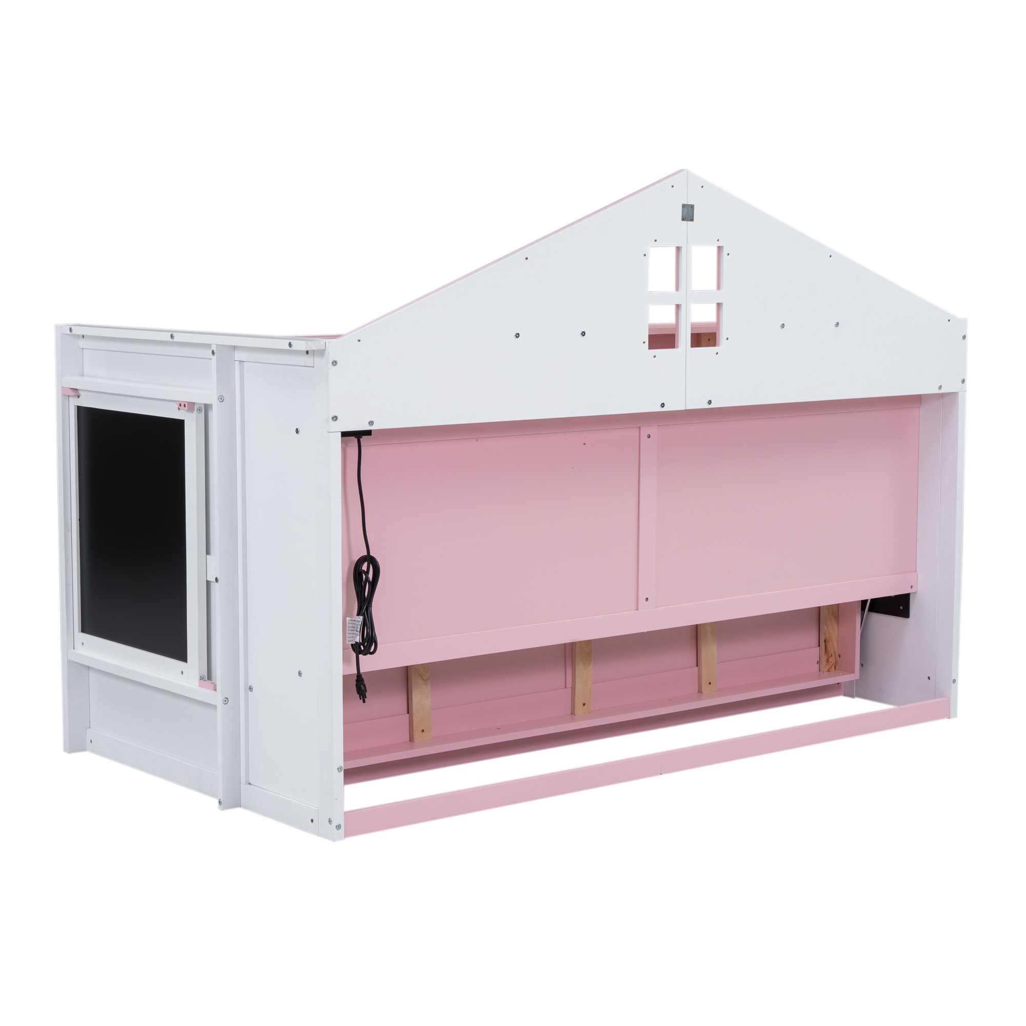 Wood Twin/Full Size House Murphy Bed with USB, Storage Shelves and Blackboard, Pink+White 