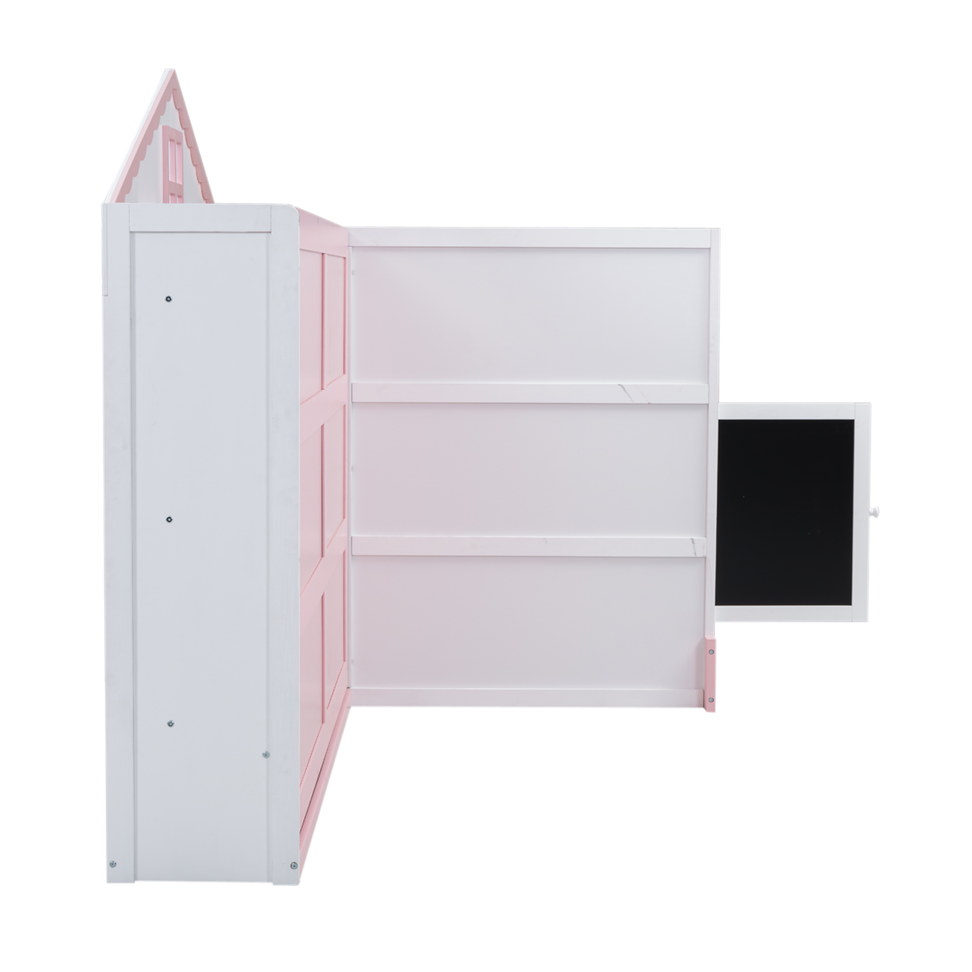 Wood Twin/Full Size House Murphy Bed with USB, Storage Shelves and Blackboard, Pink+White 