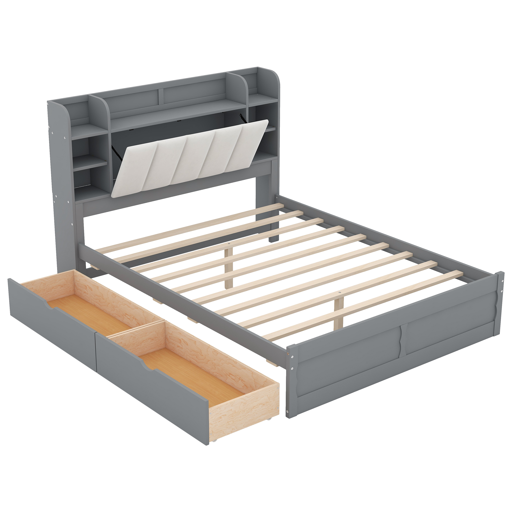 Wood Queen Size Platform Bed with Storage Headboard, Shelves and 2 Drawers, Gray/White