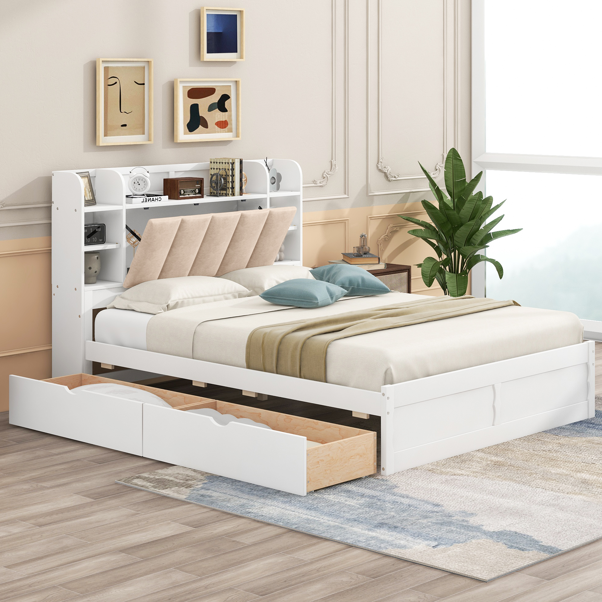 Wood Queen Size Platform Bed with Storage Headboard, Shelves and 2 Drawers, Gray/White