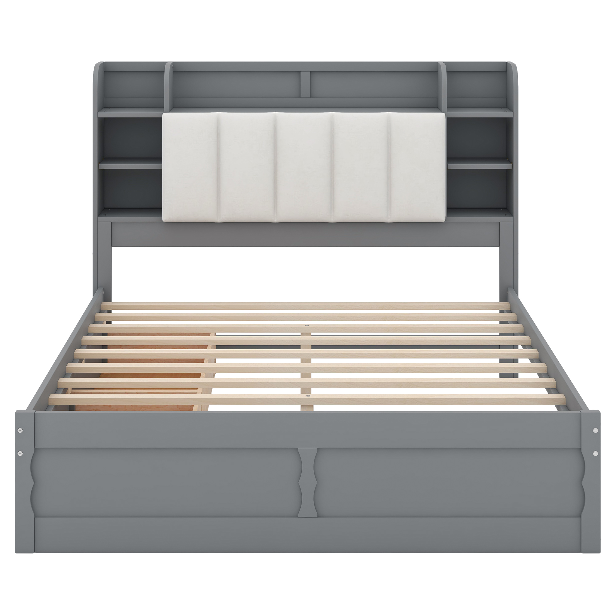 Wood Queen Size Platform Bed with Storage Headboard, Shelves and 2 Drawers, Gray/White