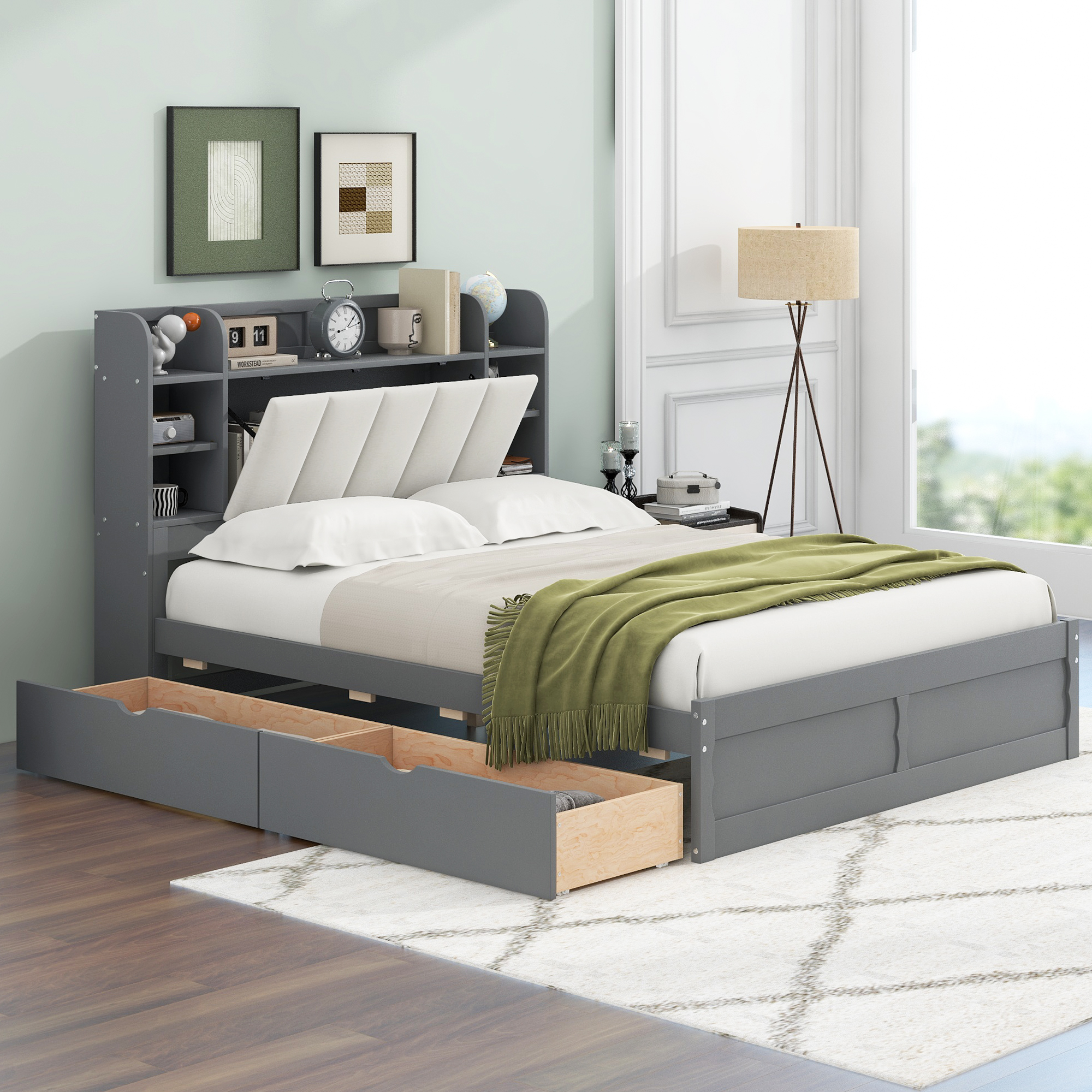 Wood Queen Size Platform Bed with Storage Headboard, Shelves and 2 Drawers, Gray/White