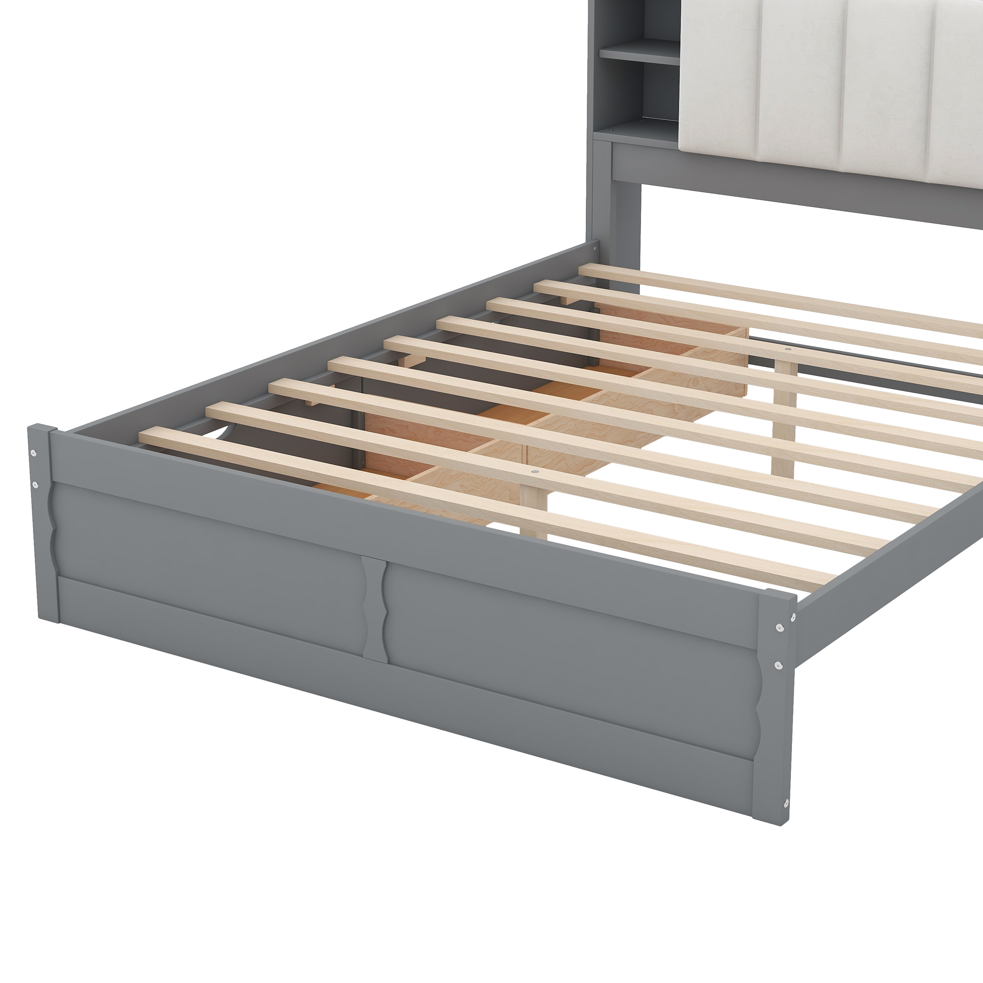 Wood Queen Size Platform Bed with Storage Headboard, Shelves and 2 Drawers, Gray/White