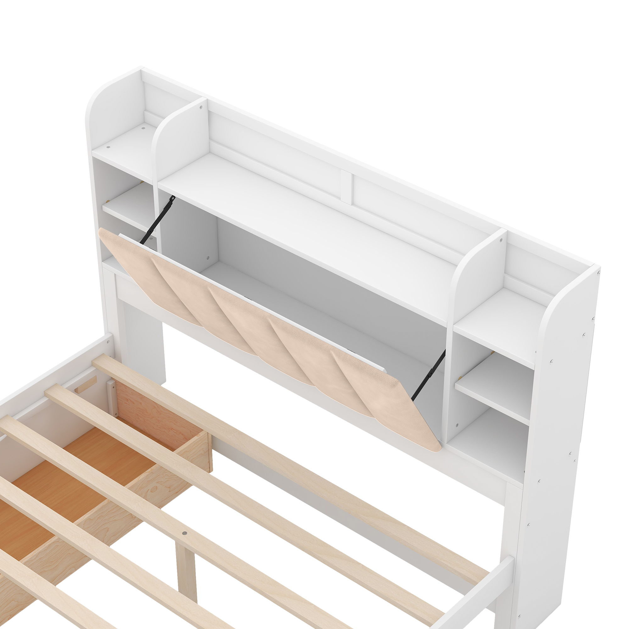 Wood Queen Size Platform Bed with Storage Headboard, Shelves and 2 Drawers, Gray/White