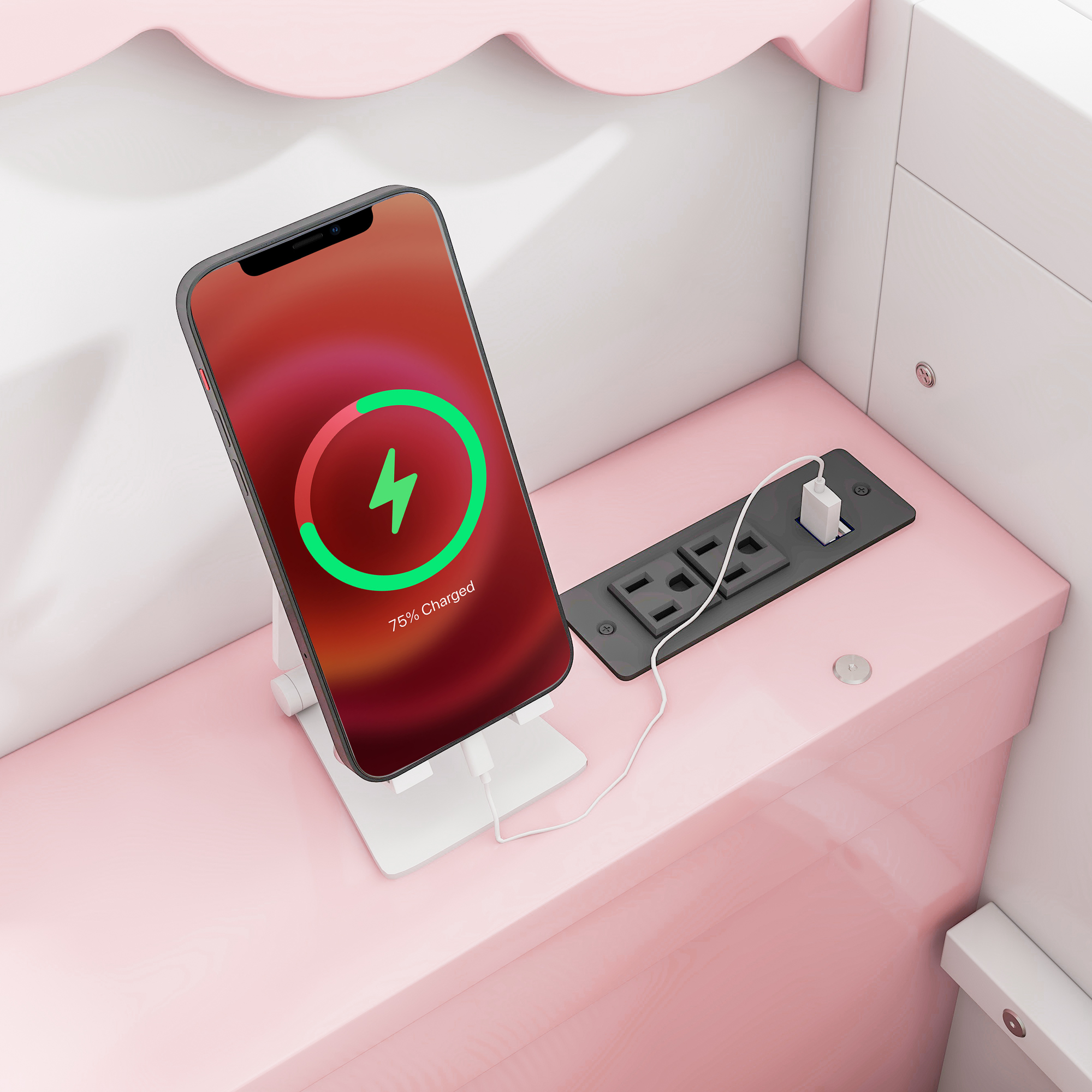 Wood Twin/Full Size House Murphy Bed with USB, Storage Shelves and Blackboard, Pink+White 