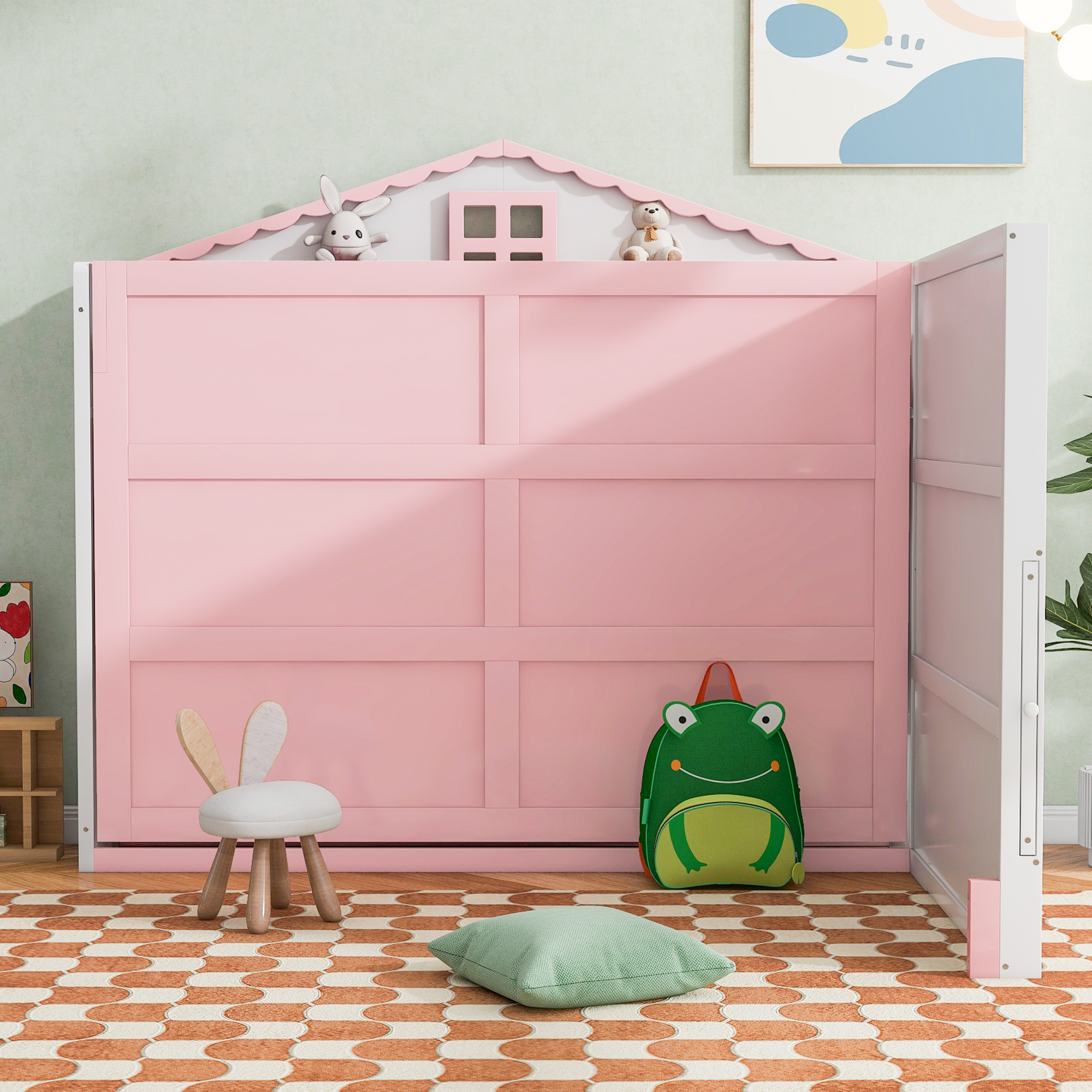 Wood Twin/Full Size House Murphy Bed with USB, Storage Shelves and Blackboard, Pink+White 