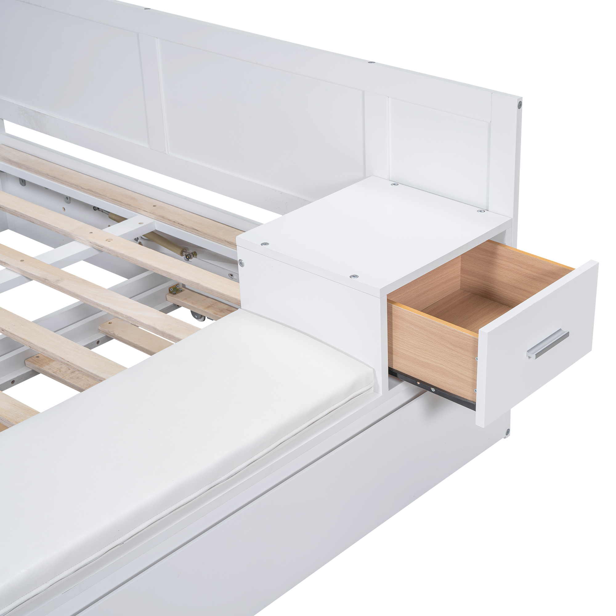 Full Size Wood Storage Hydraulic Platform Bed with Twin Size Trundle, Side Table and Lounge, Gray/White 