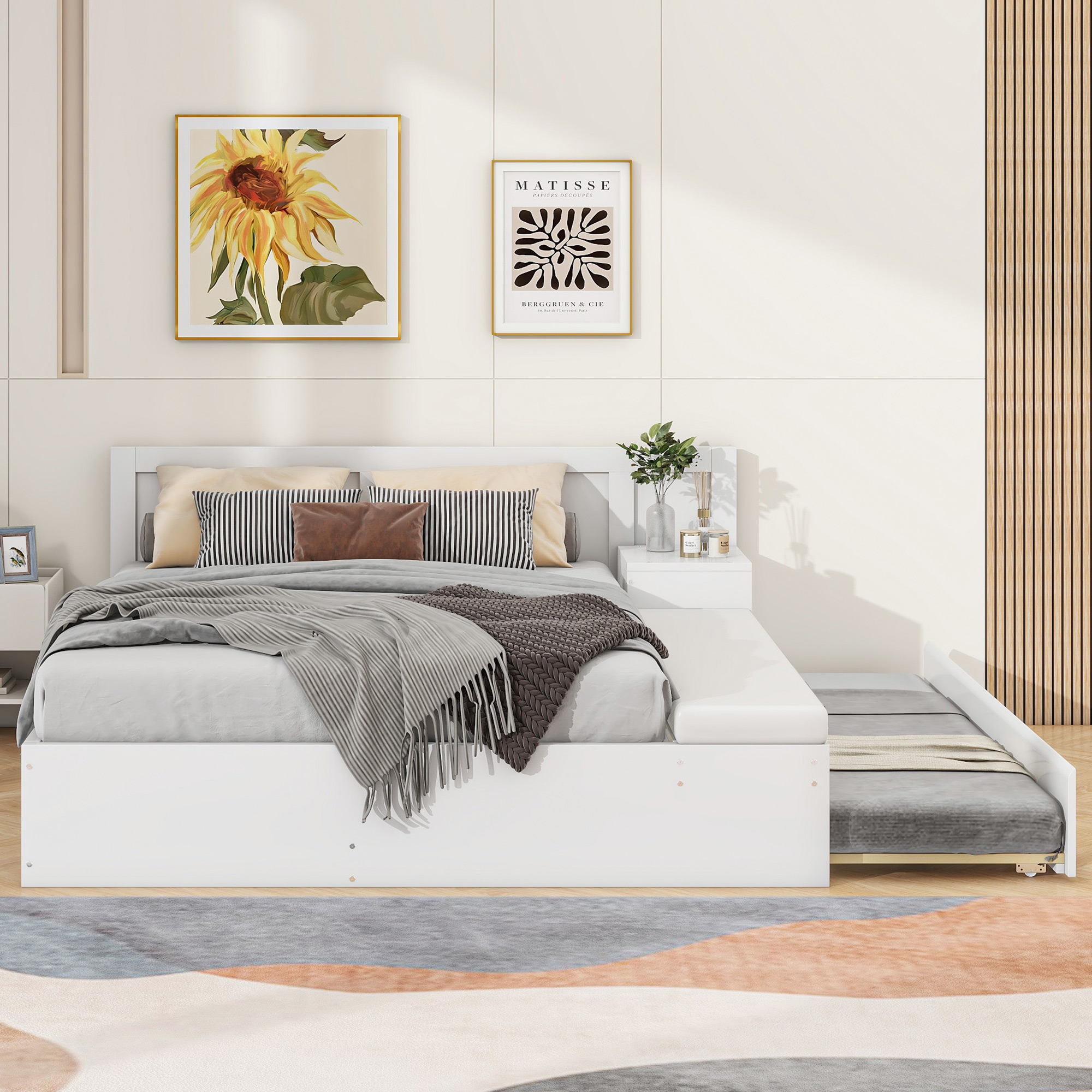 Full Size Wood Storage Hydraulic Platform Bed with Twin Size Trundle, Side Table and Lounge, Gray/White 