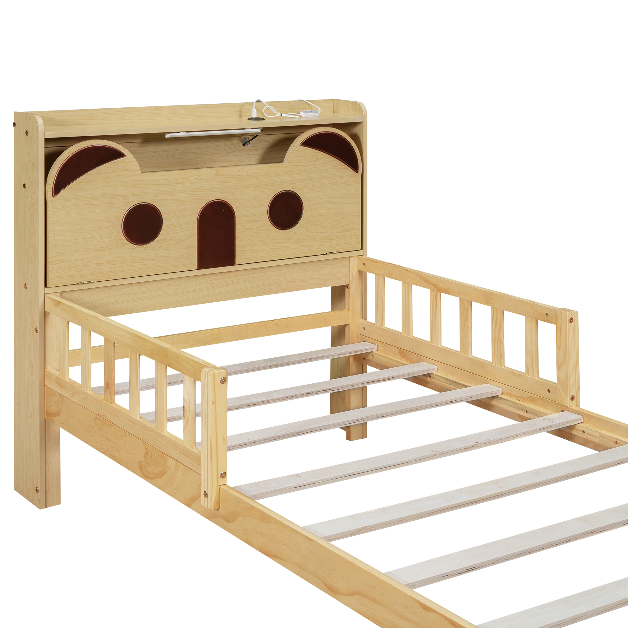 Full/Twin Size Car Bed with Bear-Shaped Headboard, USB and LED, Natural 