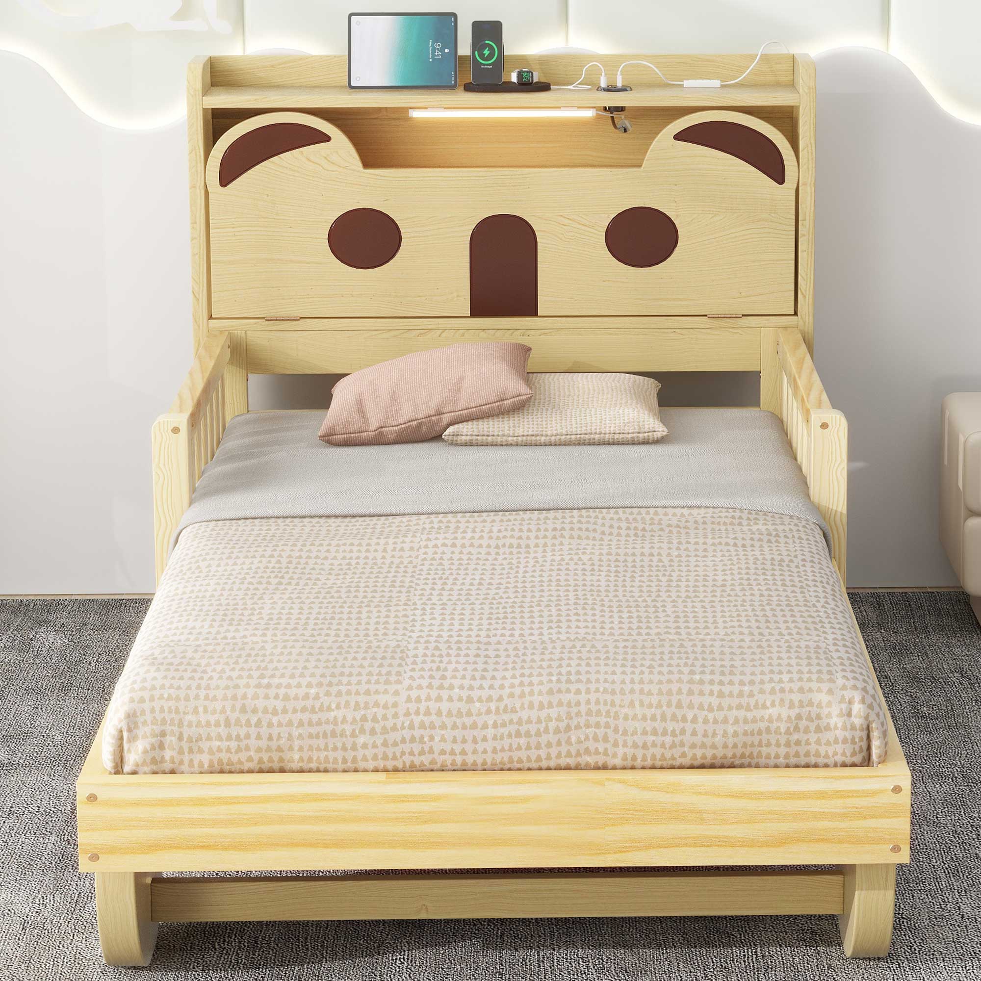 Full/Twin Size Car Bed with Bear-Shaped Headboard, USB and LED, Natural 
