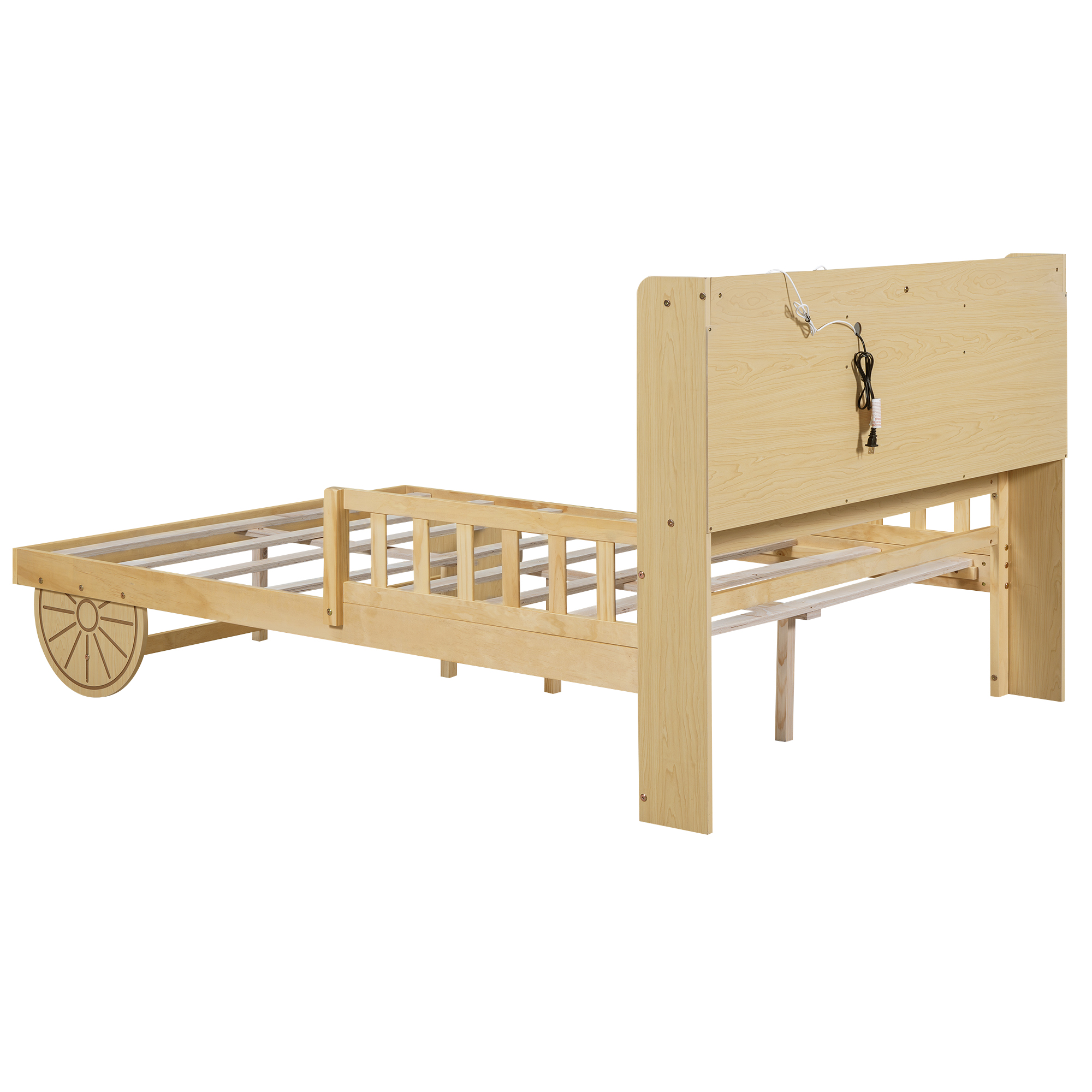 Full/Twin Size Car Bed with Bear-Shaped Headboard, USB and LED, Natural 