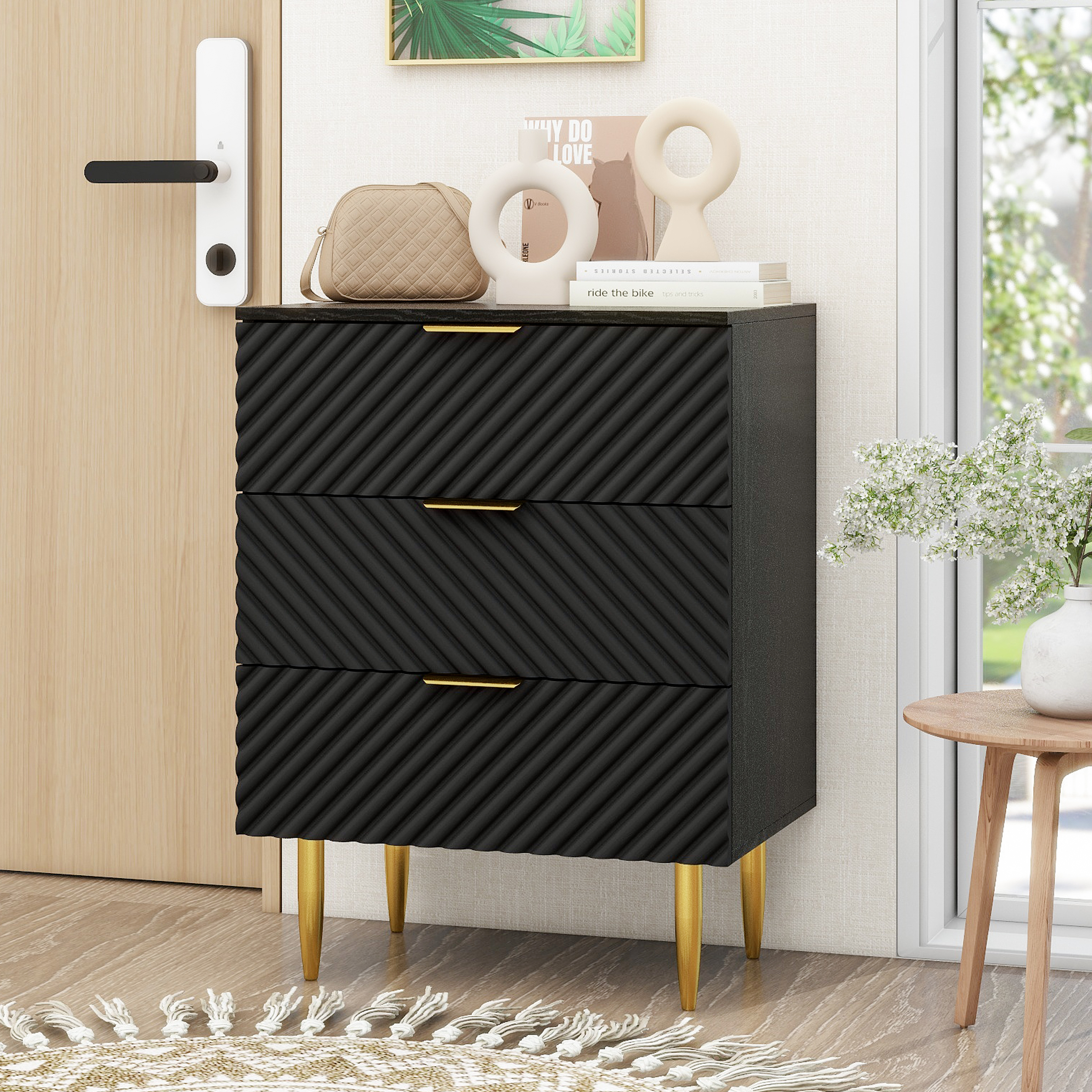3 Drawer Cabinet, Accent Storage Cabinet, Suitable for Bedroom, Living Room, Study, Black/Blue