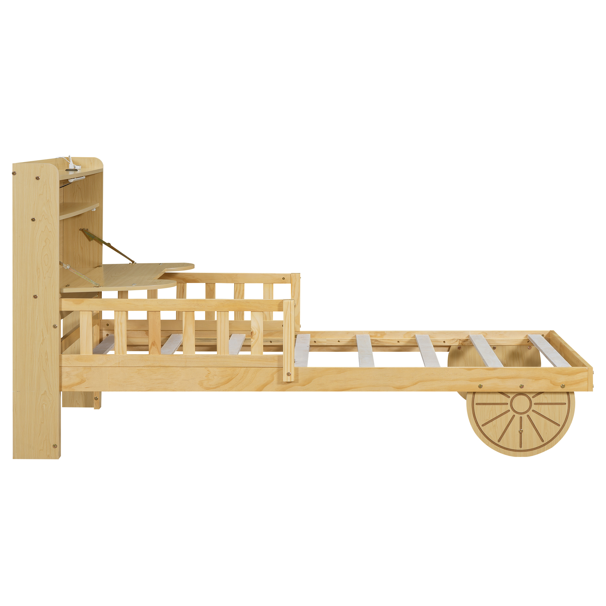 Full/Twin Size Car Bed with Bear-Shaped Headboard, USB and LED, Natural 