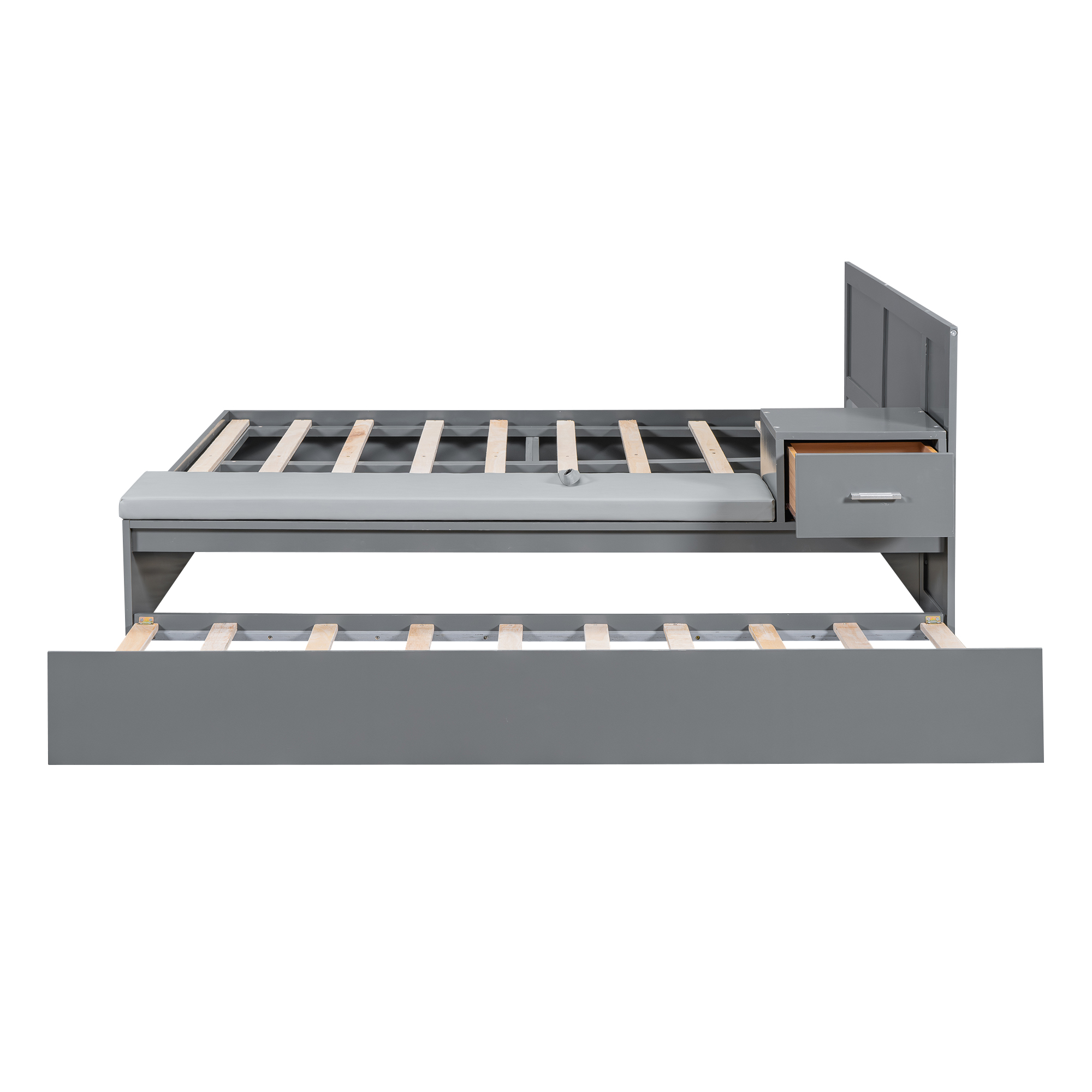 Full Size Wood Storage Hydraulic Platform Bed with Twin Size Trundle, Side Table and Lounge, Gray/White 