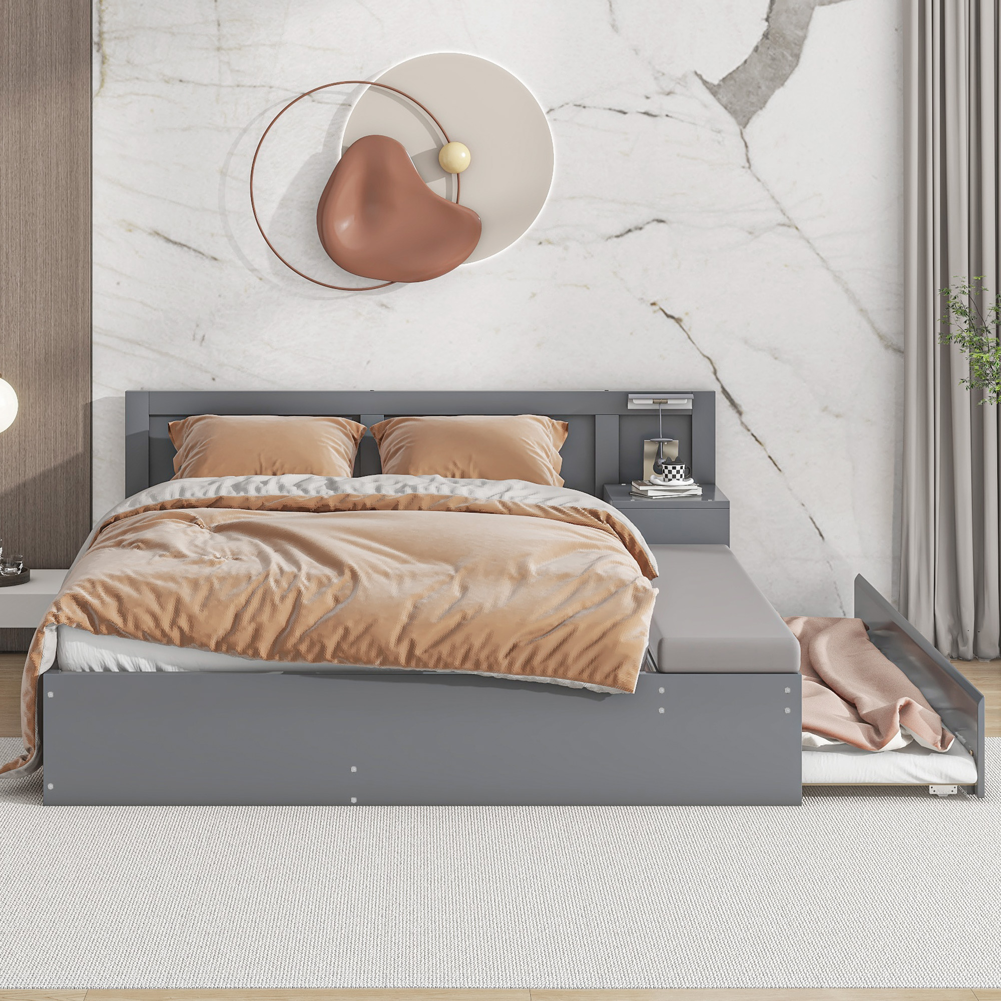 Full Size Wood Storage Hydraulic Platform Bed with Twin Size Trundle, Side Table and Lounge, Gray/White 