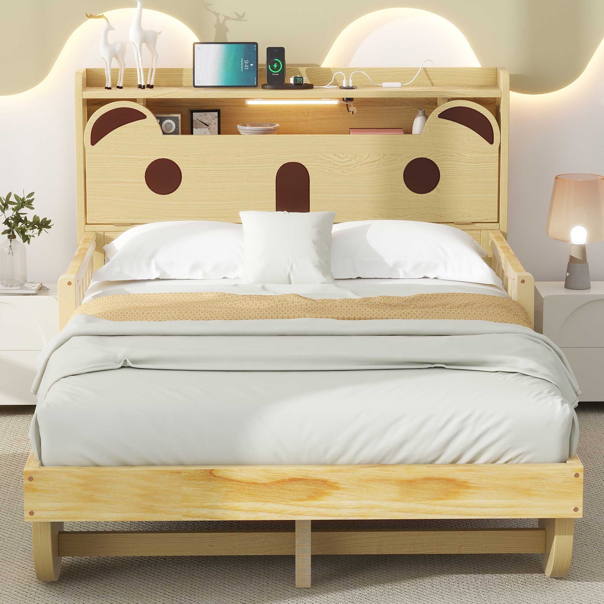 Full/Twin Size Car Bed with Bear-Shaped Headboard, USB and LED, Natural 