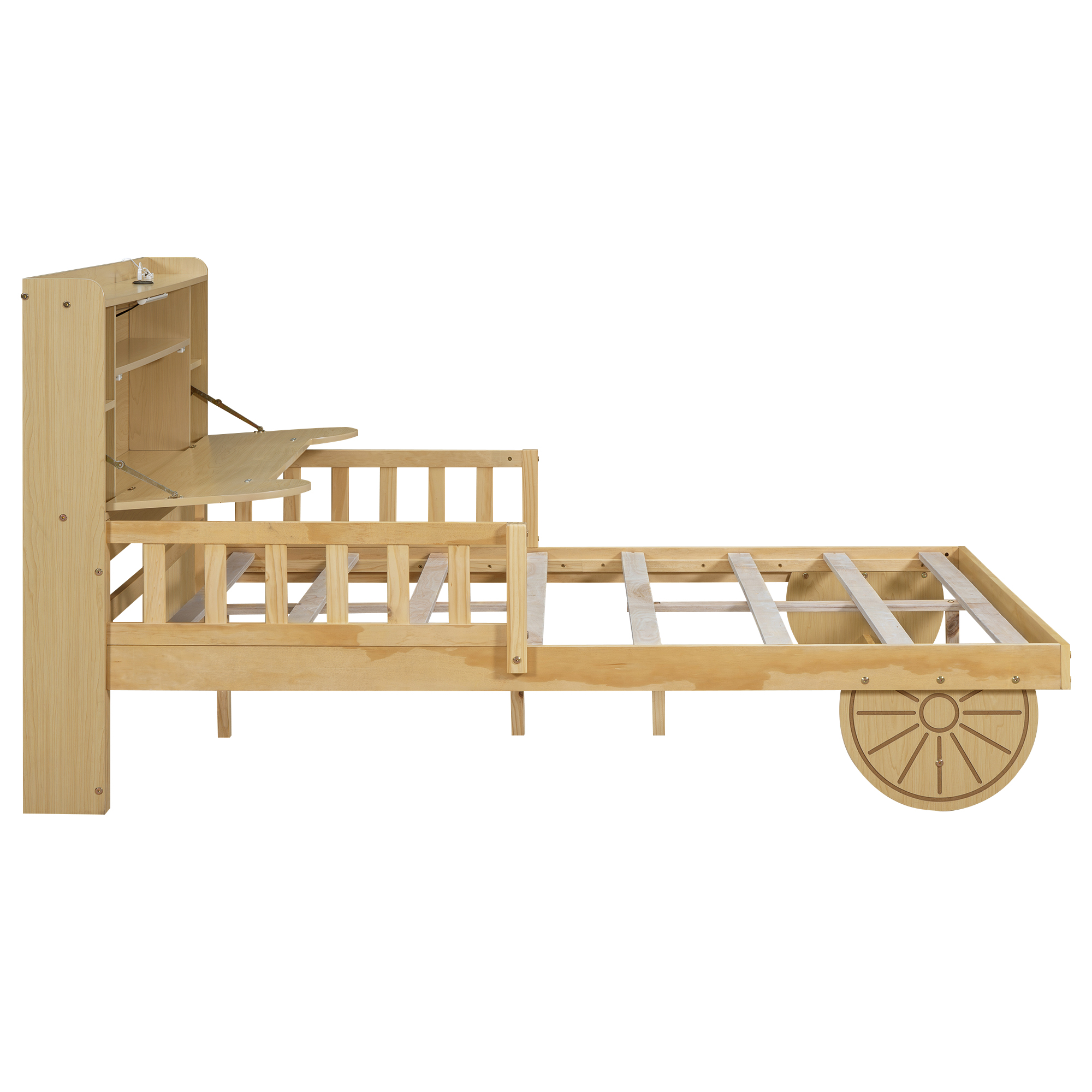 Full/Twin Size Car Bed with Bear-Shaped Headboard, USB and LED, Natural 