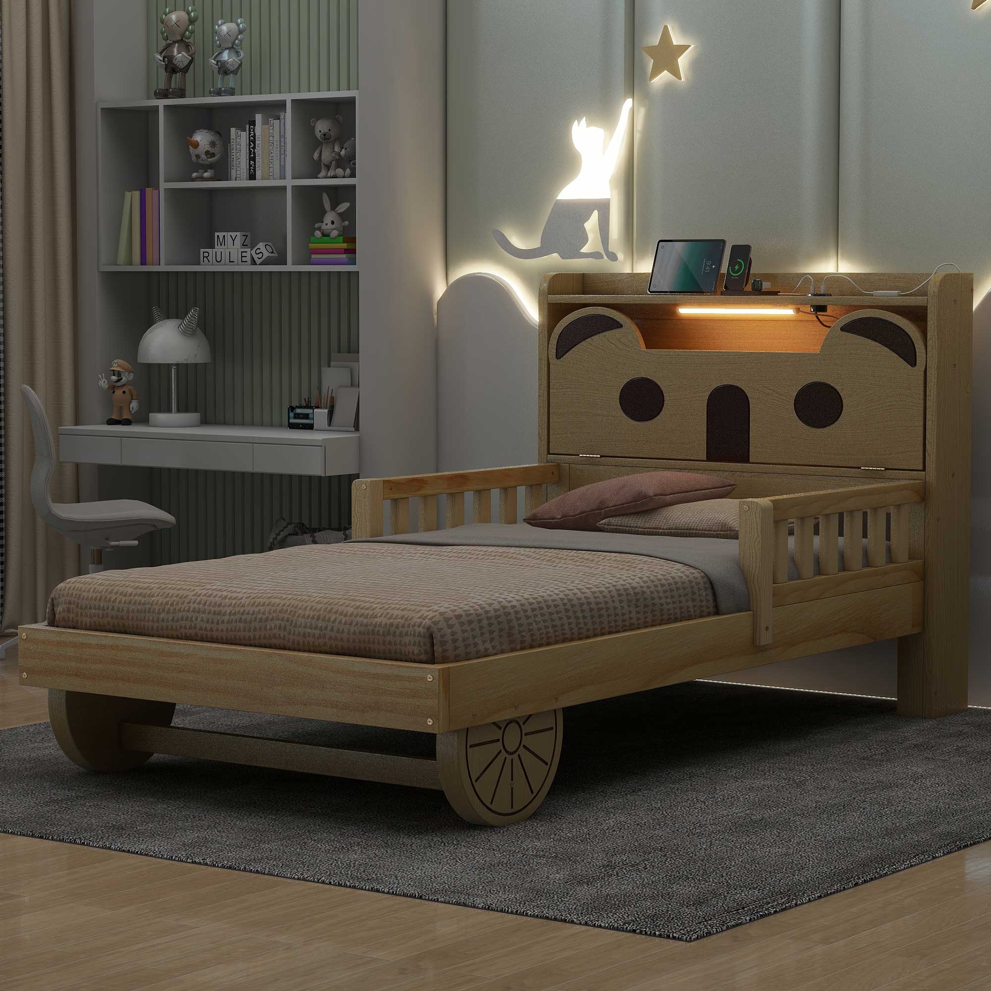 Full/Twin Size Car Bed with Bear-Shaped Headboard, USB and LED, Natural 