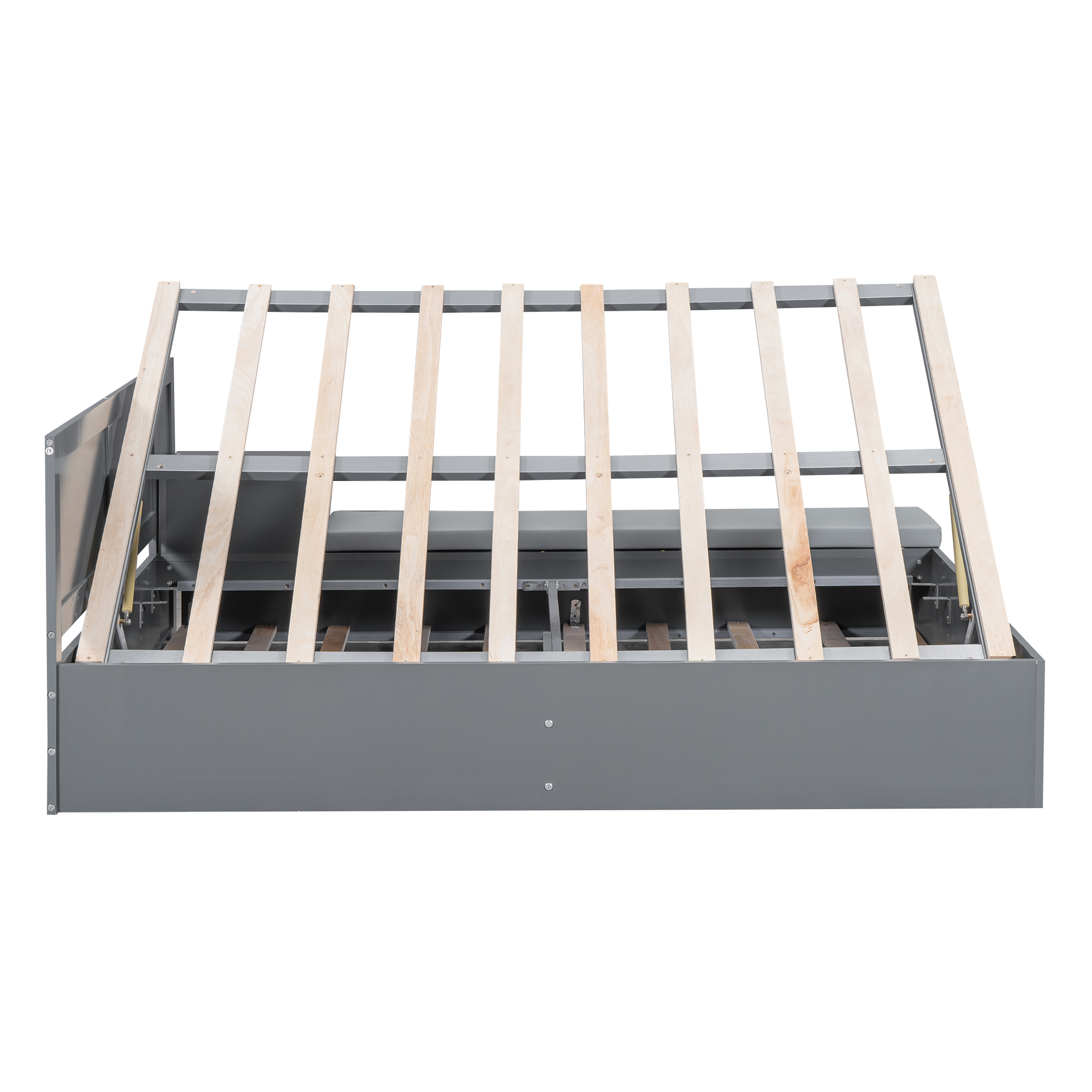 Full Size Wood Storage Hydraulic Platform Bed with Twin Size Trundle, Side Table and Lounge, Gray/White 