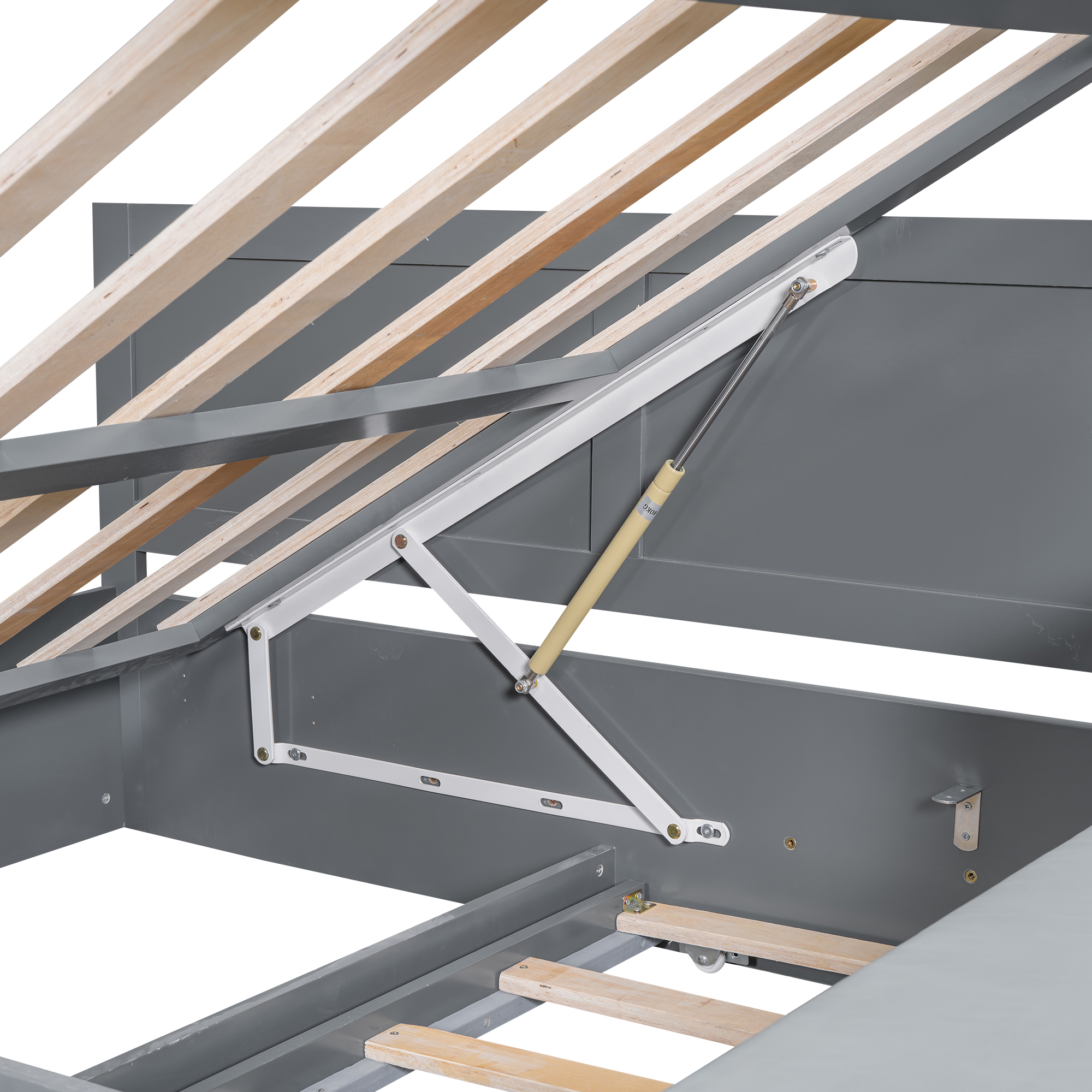 Full Size Wood Storage Hydraulic Platform Bed with Twin Size Trundle, Side Table and Lounge, Gray/White 