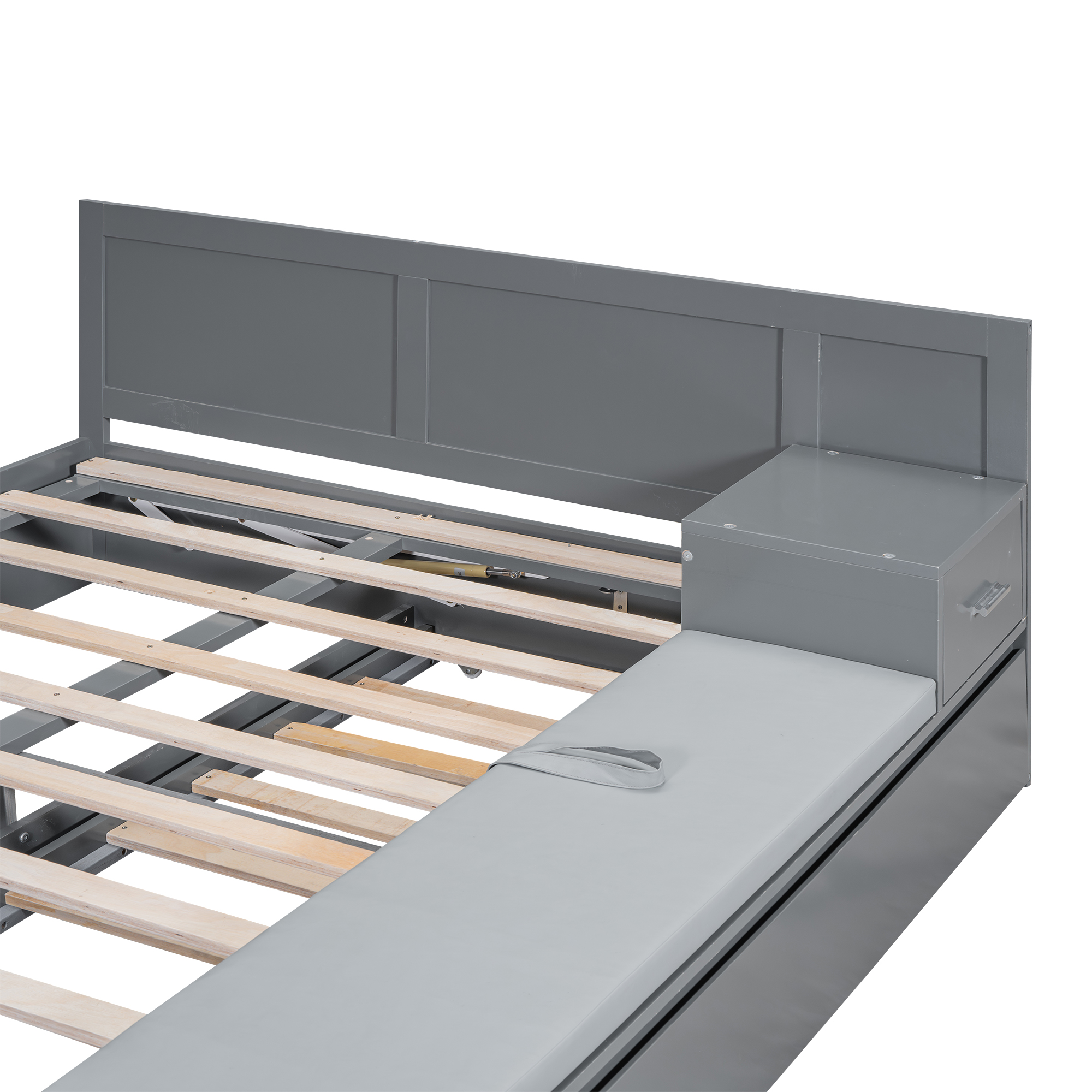 Full Size Wood Storage Hydraulic Platform Bed with Twin Size Trundle, Side Table and Lounge, Gray/White 