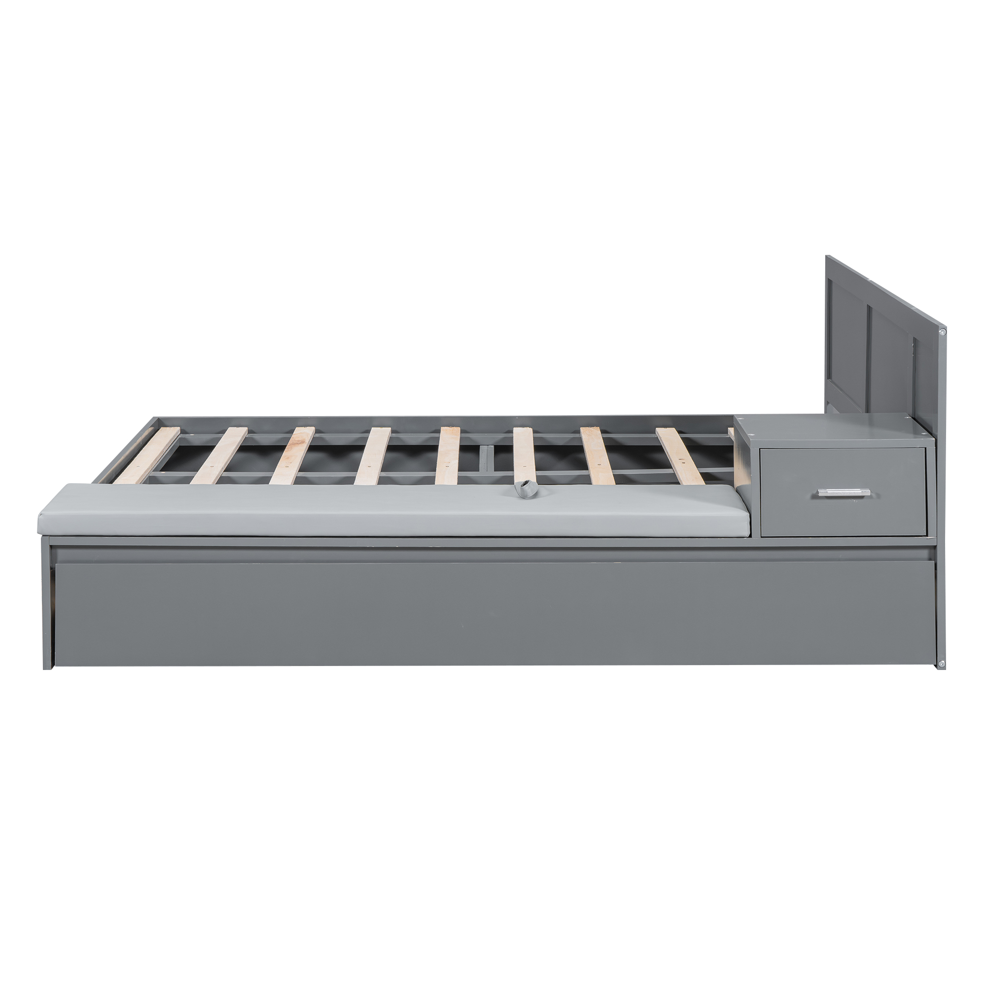 Full Size Wood Storage Hydraulic Platform Bed with Twin Size Trundle, Side Table and Lounge, Gray/White 