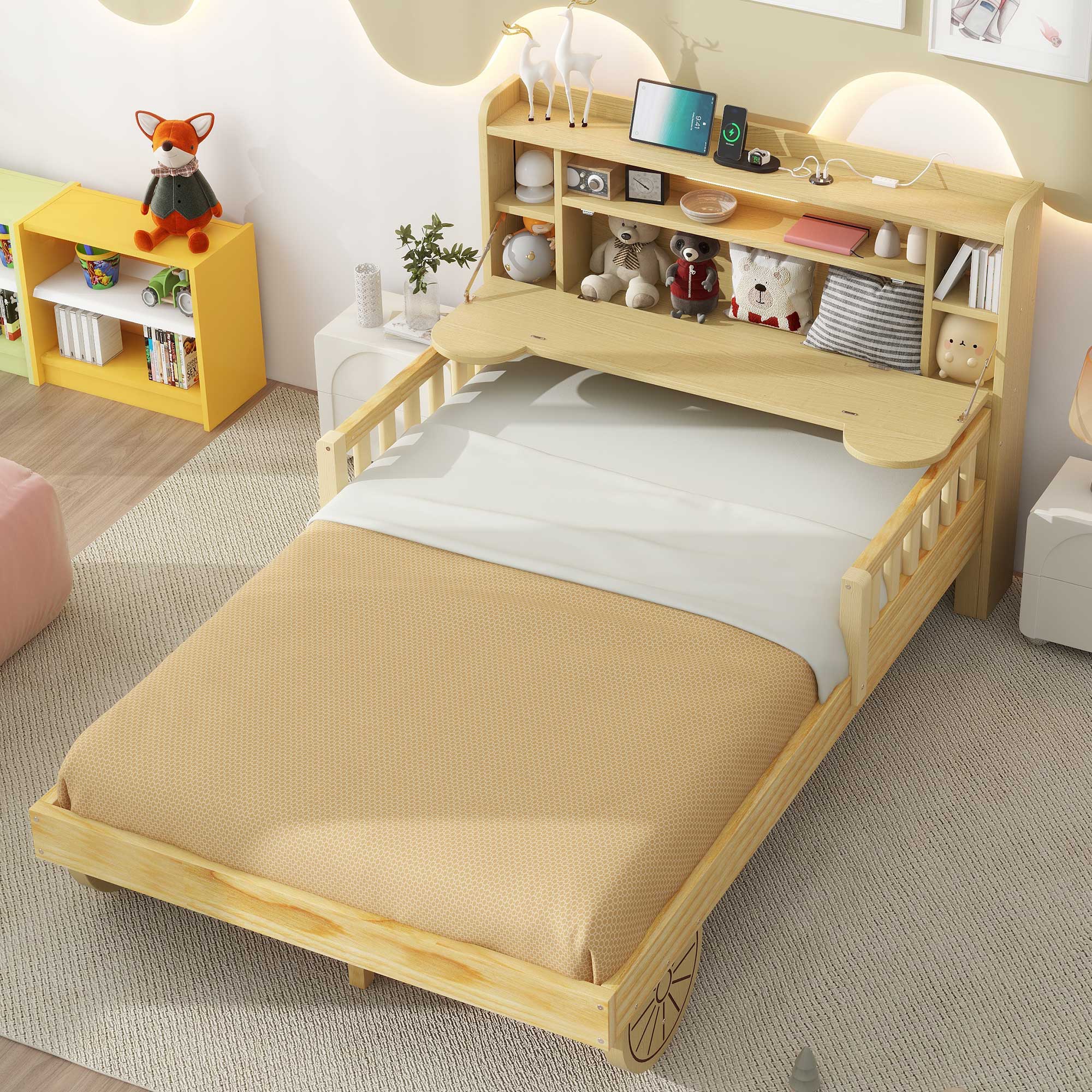 Full/Twin Size Car Bed with Bear-Shaped Headboard, USB and LED, Natural 