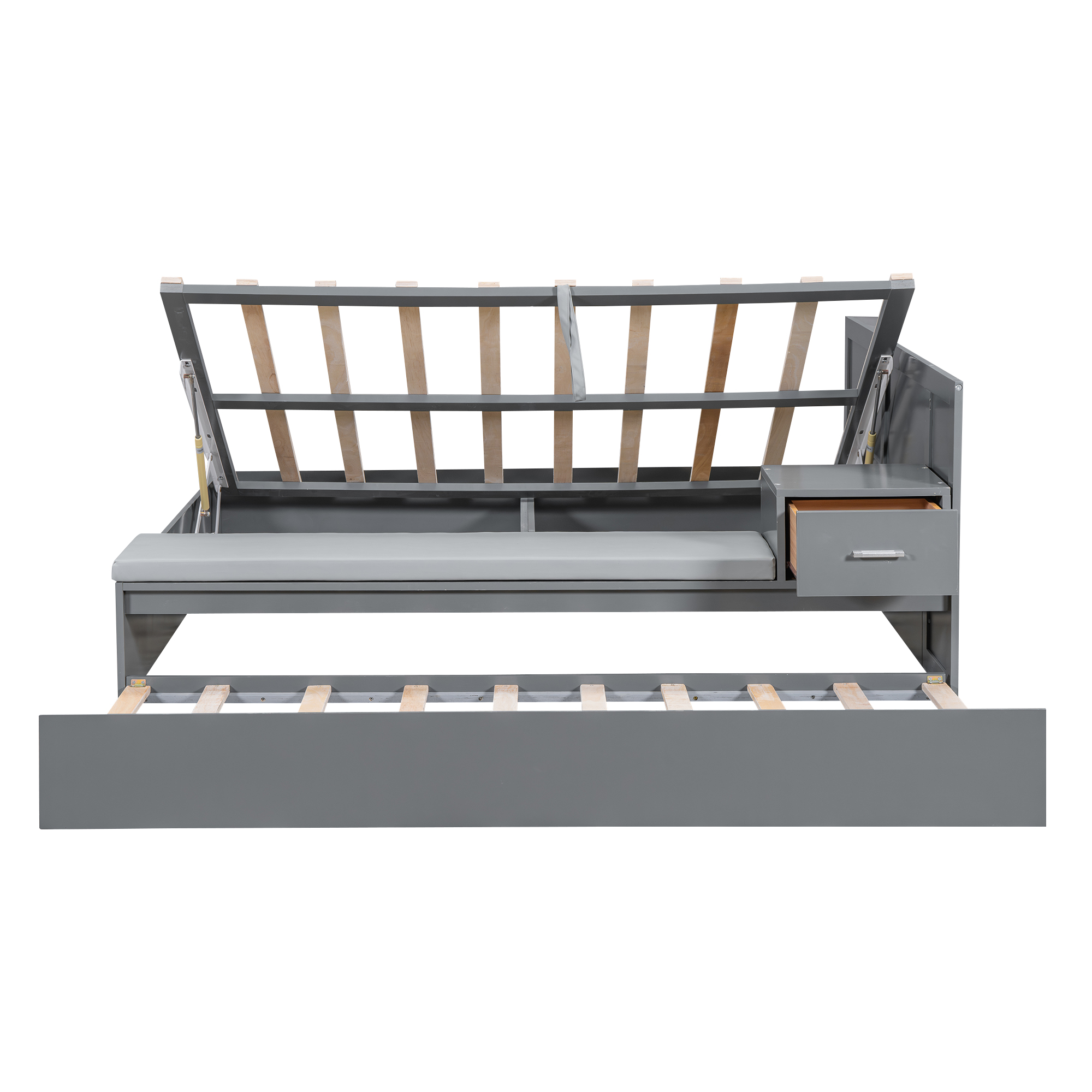 Full Size Wood Storage Hydraulic Platform Bed with Twin Size Trundle, Side Table and Lounge, Gray/White 