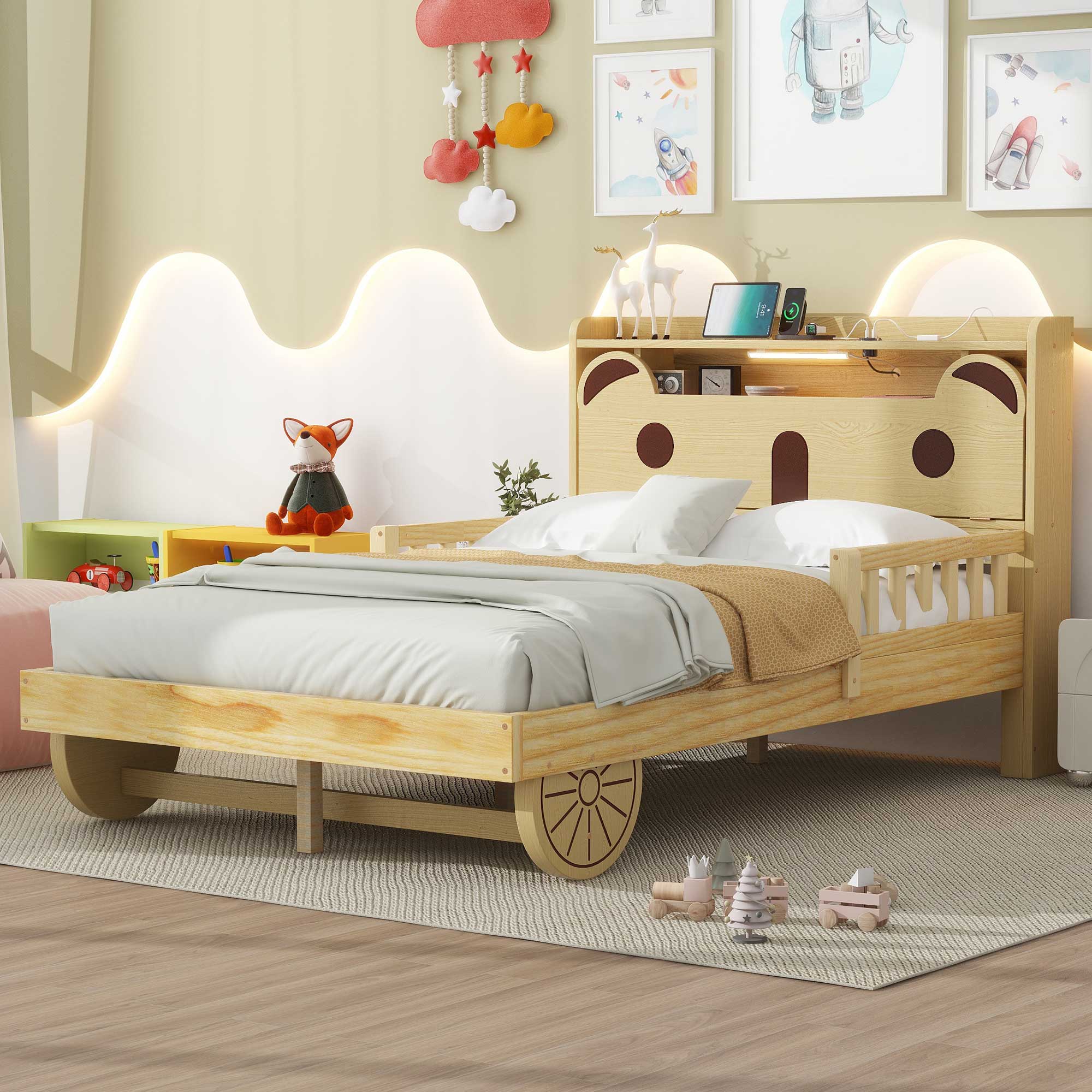 Full/Twin Size Car Bed with Bear-Shaped Headboard, USB and LED, Natural 