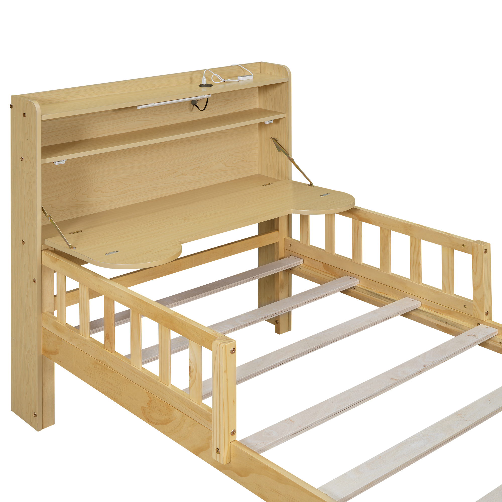 Full/Twin Size Car Bed with Bear-Shaped Headboard, USB and LED, Natural 